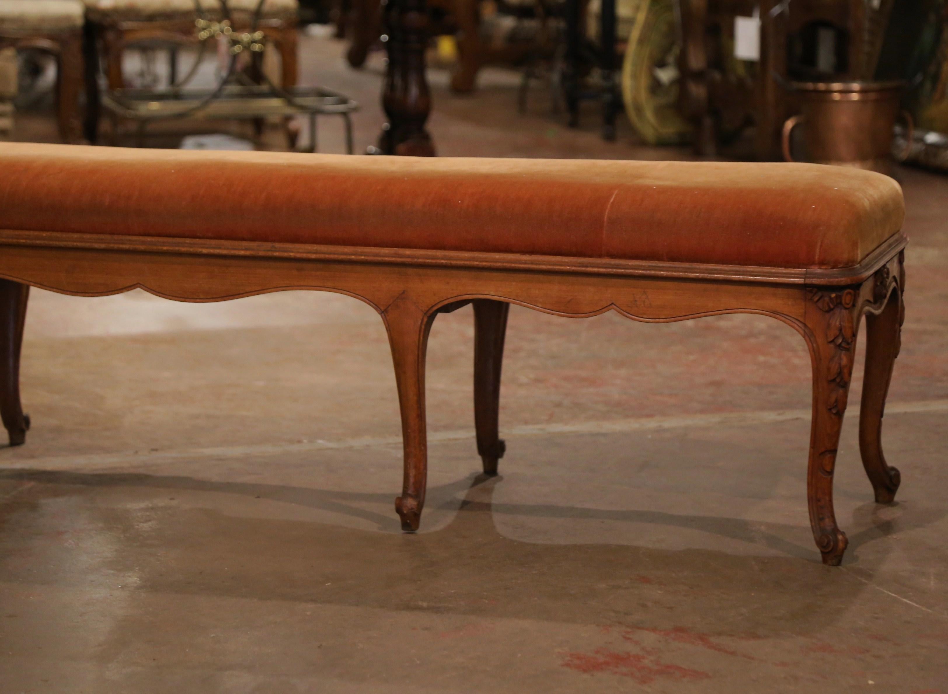 19th Century French Louis XV Carved Walnut and Velvet Upholstery Eight-Leg Bench 5