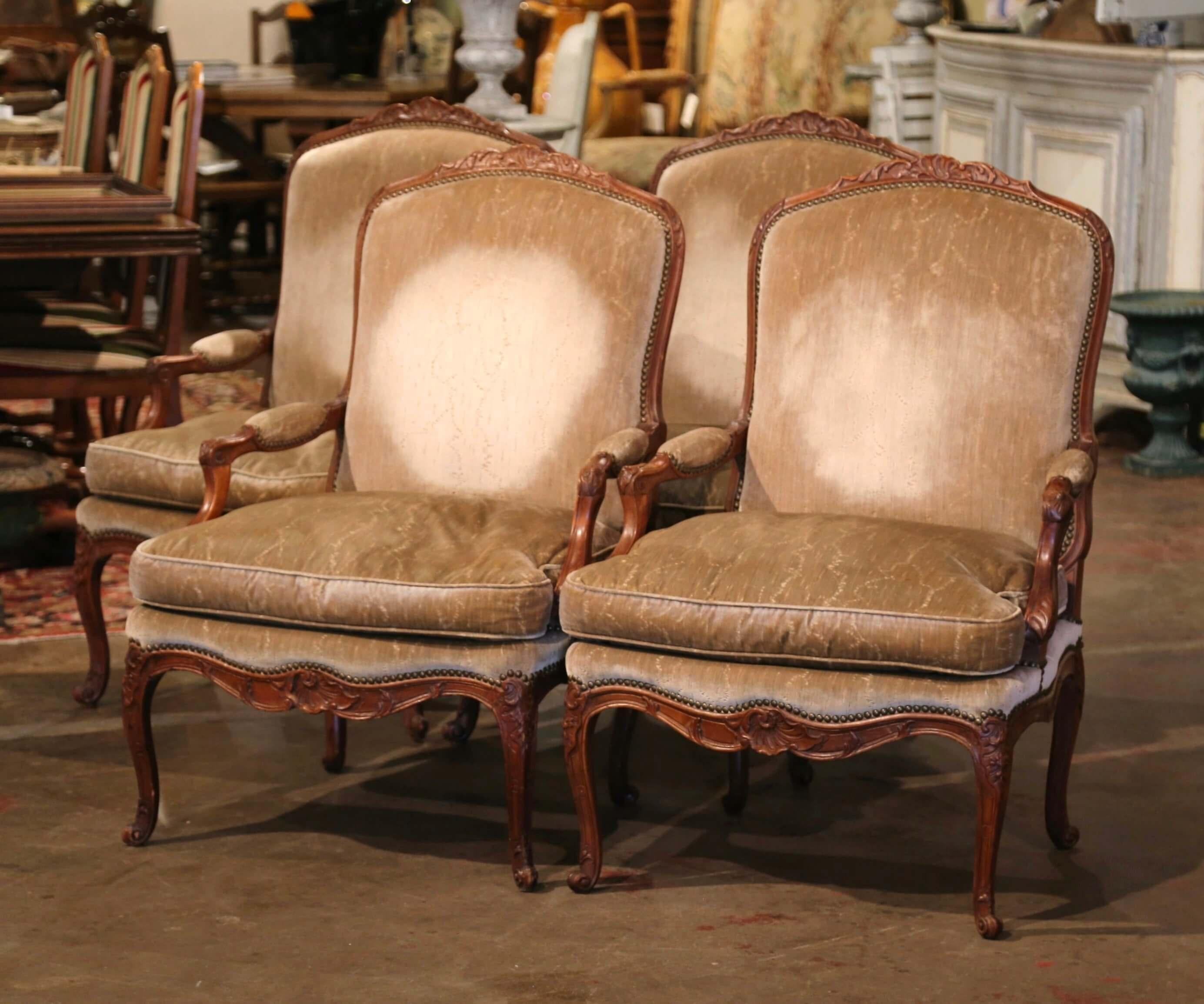 Velvet 19th Century French Louis XV Carved Walnut Armchairs from Provence, Set of Four For Sale