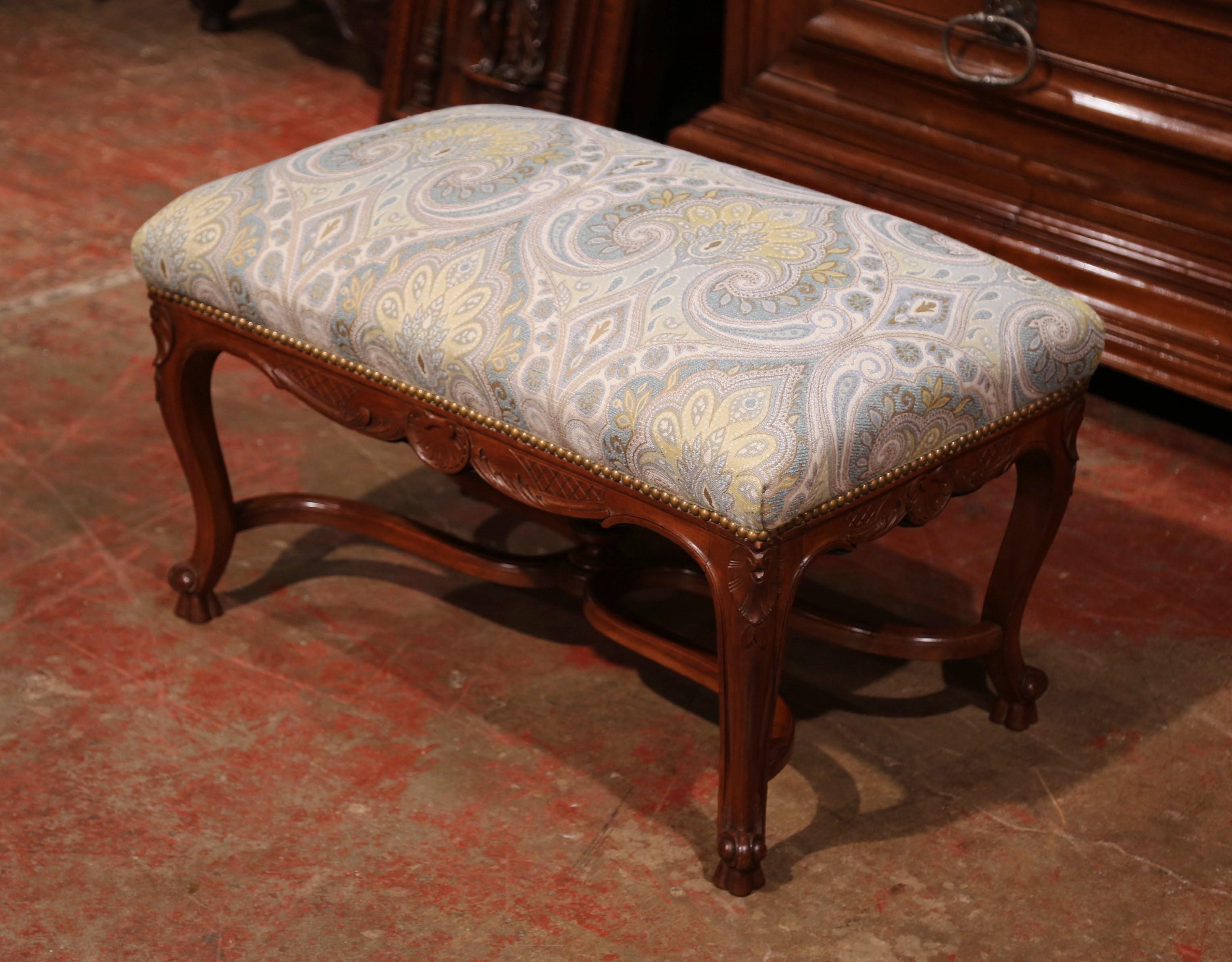 Patinated 19th Century French Louis XV Carved Walnut Bench with Stretcher and New Fabric