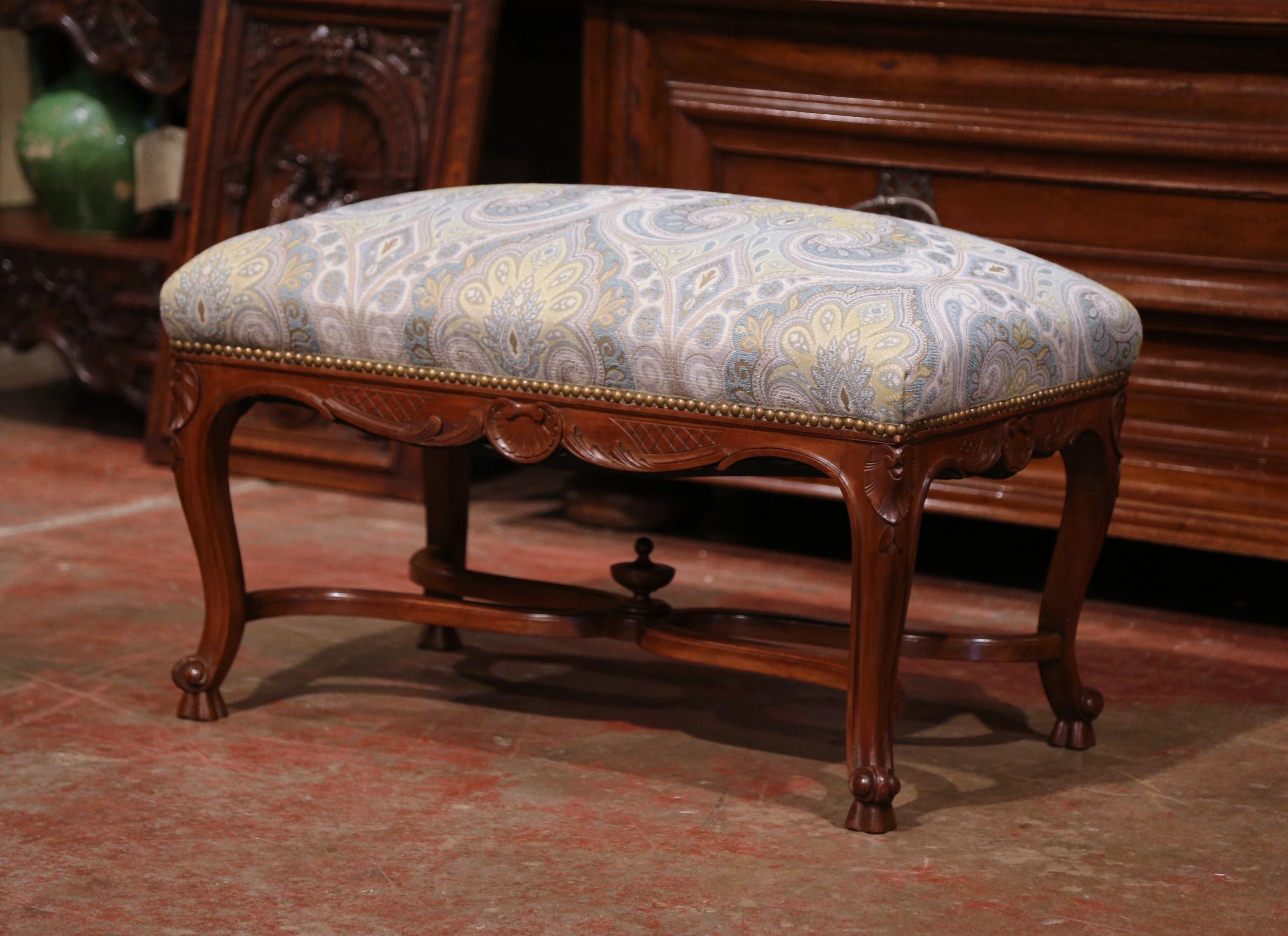19th Century French Louis XV Carved Walnut Bench with Stretcher and New Fabric 1