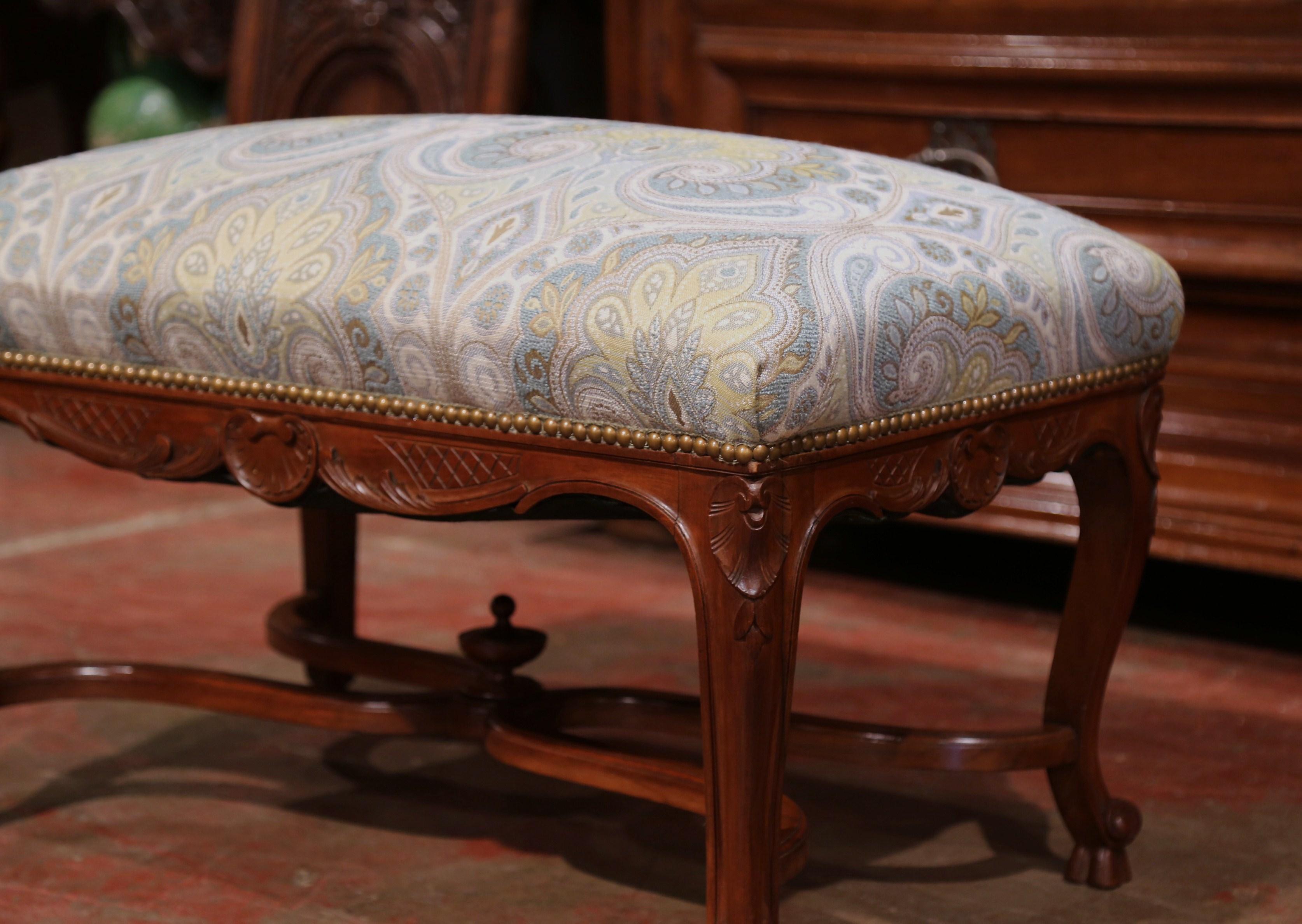 19th Century French Louis XV Carved Walnut Bench with Stretcher and New Fabric 2