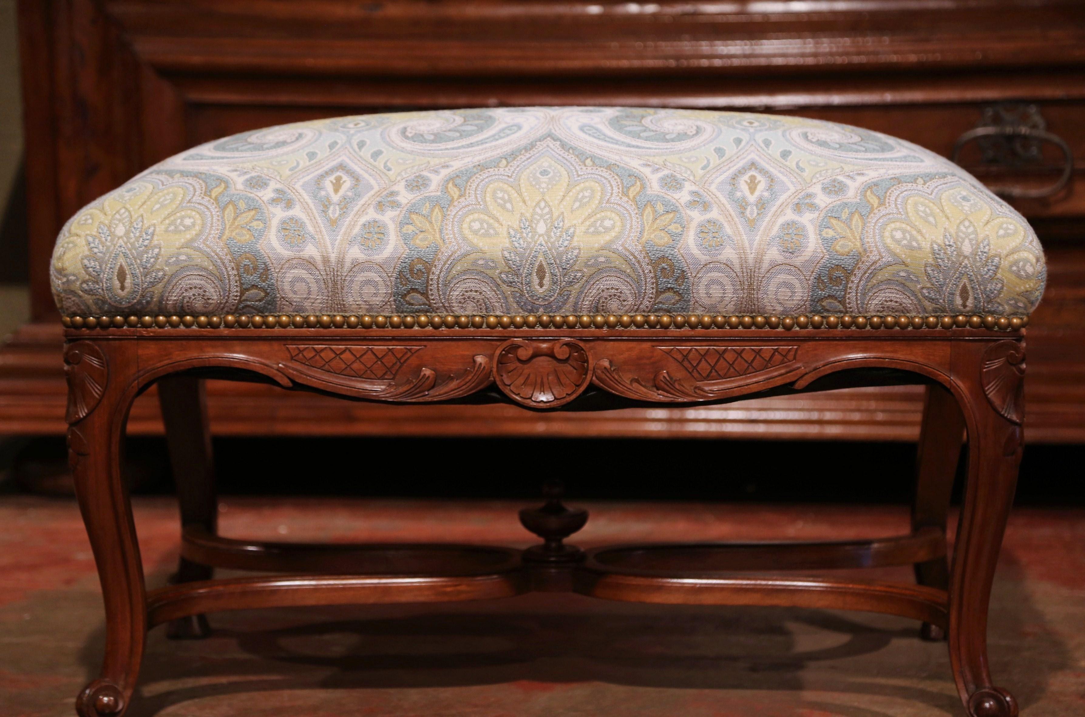 19th Century French Louis XV Carved Walnut Bench with Stretcher and New Fabric 3