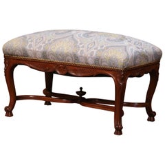 19th Century French Louis XV Carved Walnut Bench with Stretcher and New Fabric