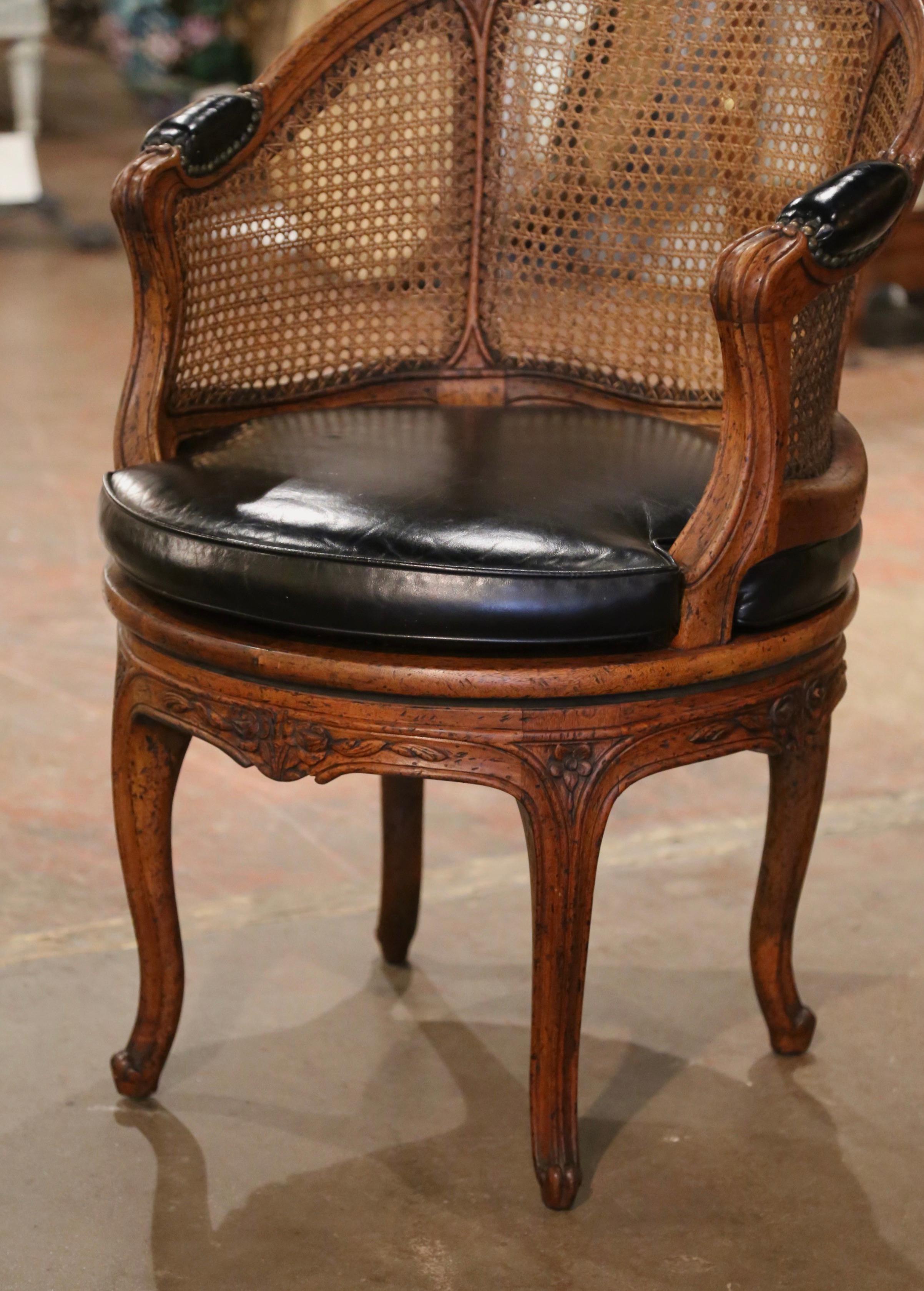 Hand-Carved 19th Century French Louis XV Carved Walnut, Cane & Leather Swivel Desk Armchair 
