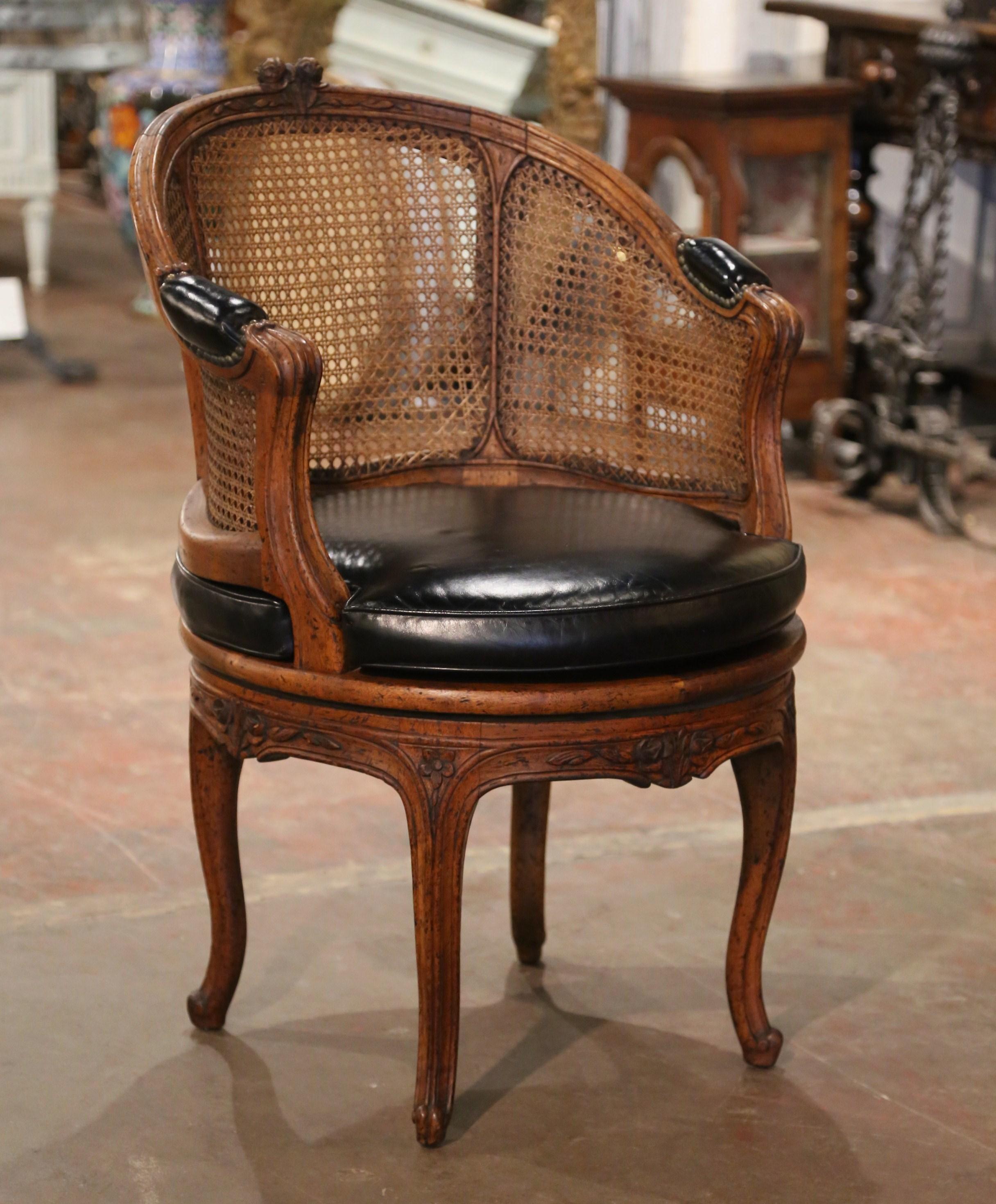 19th Century French Louis XV Carved Walnut, Cane & Leather Swivel Desk Armchair  3