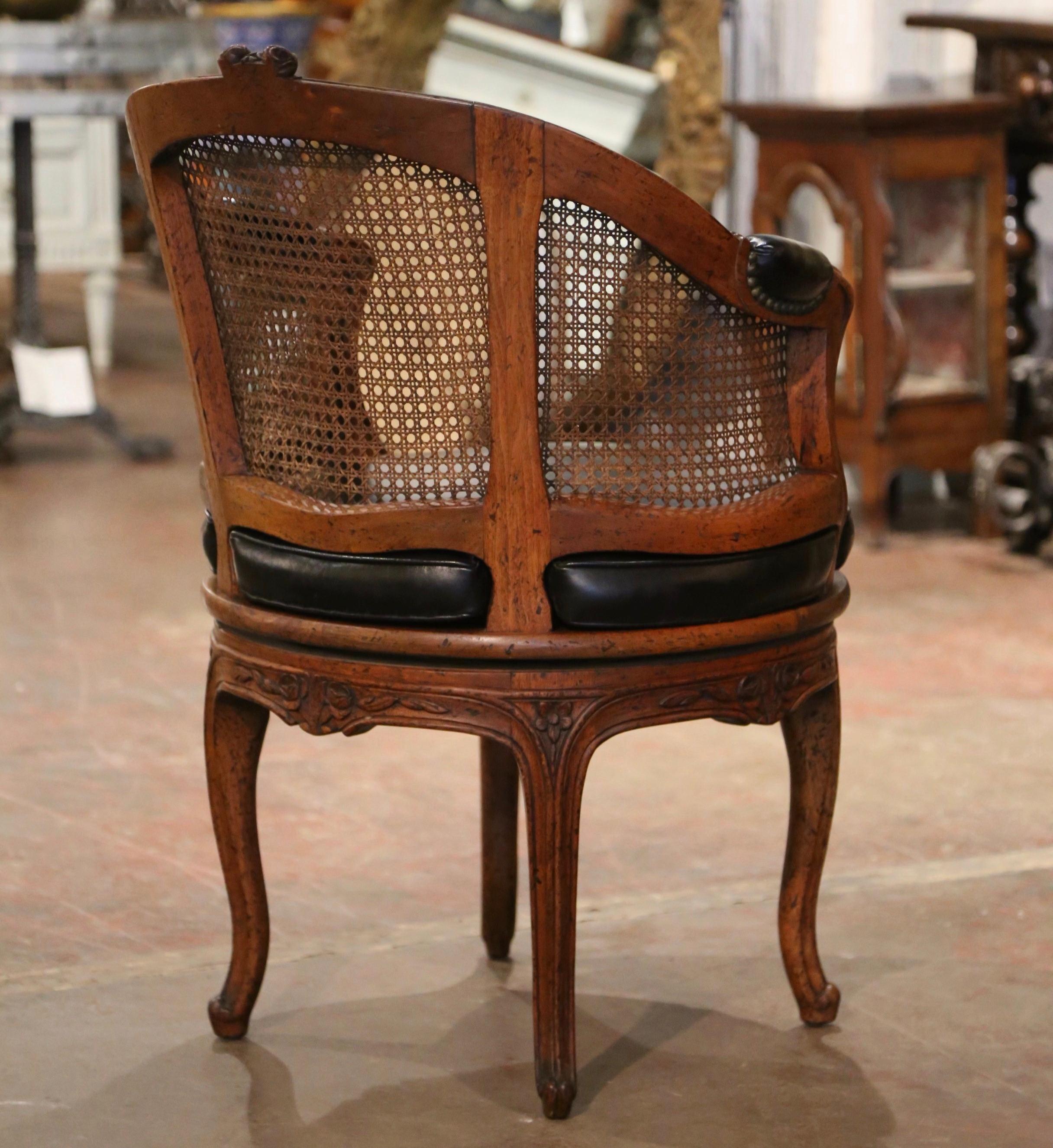 19th Century French Louis XV Carved Walnut, Cane & Leather Swivel Desk Armchair 4