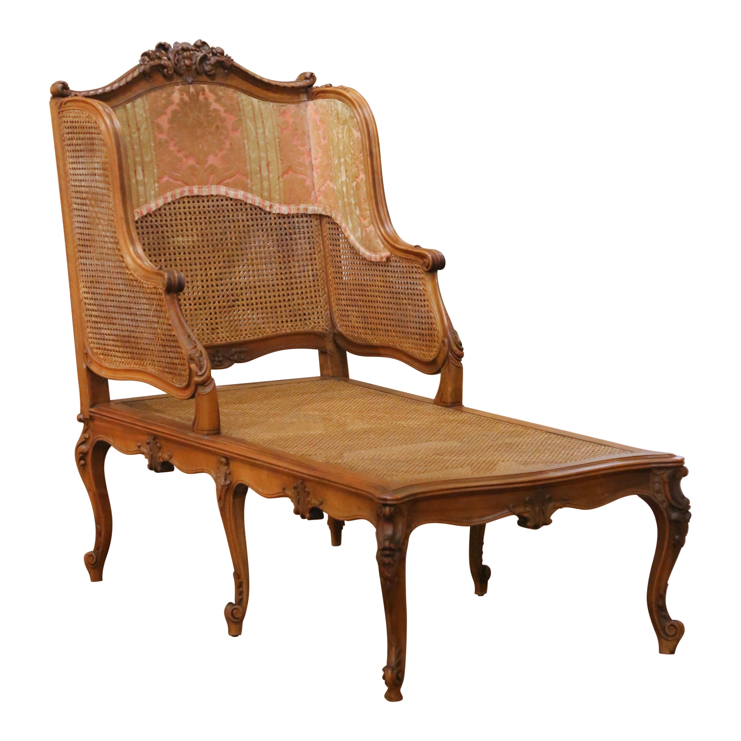 19th Century French Louis XV Carved Walnut Caned Chaise Lounge For Sale