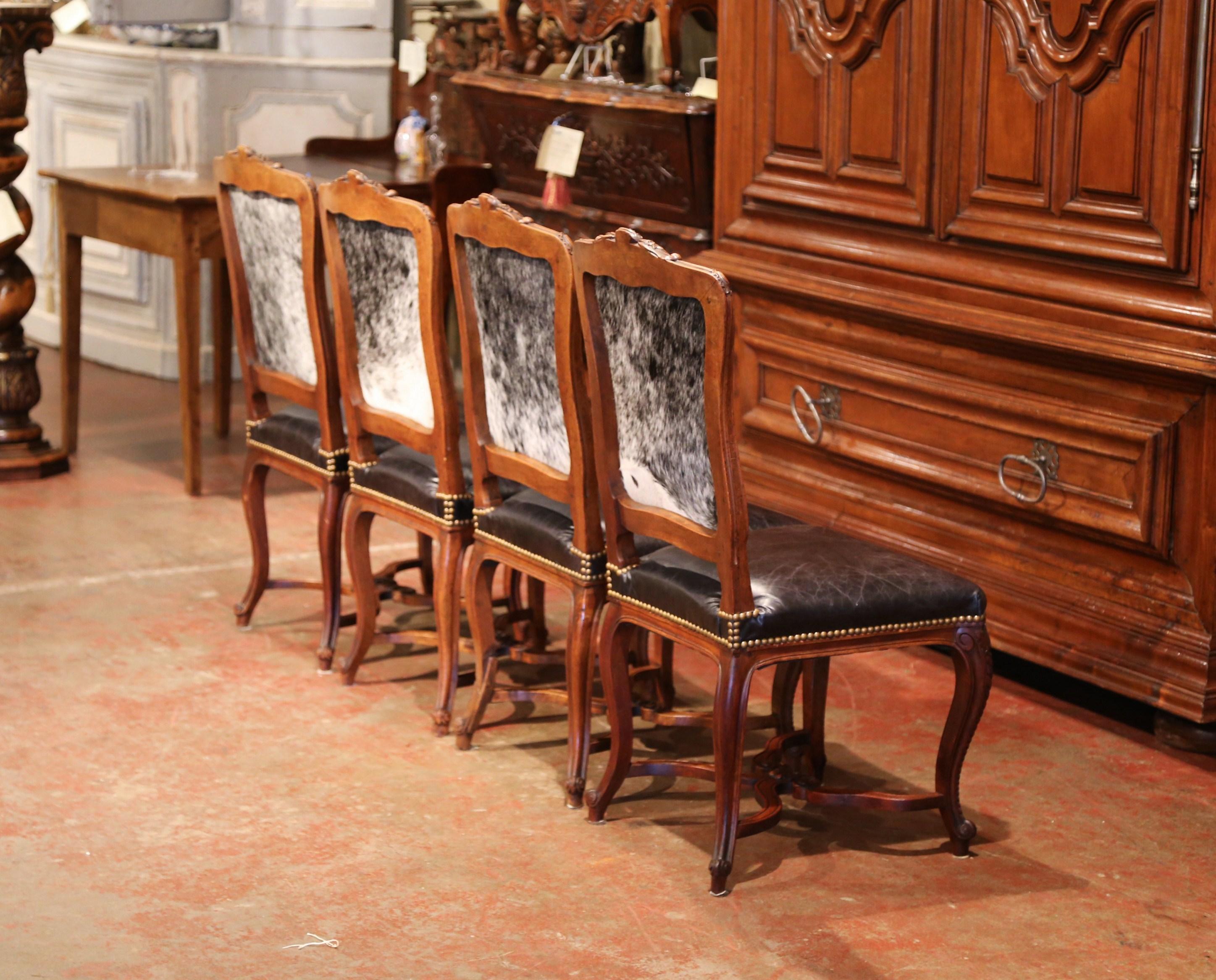 19th Century French Louis XV Carved Walnut Chairs with Leather, Set of Four 6