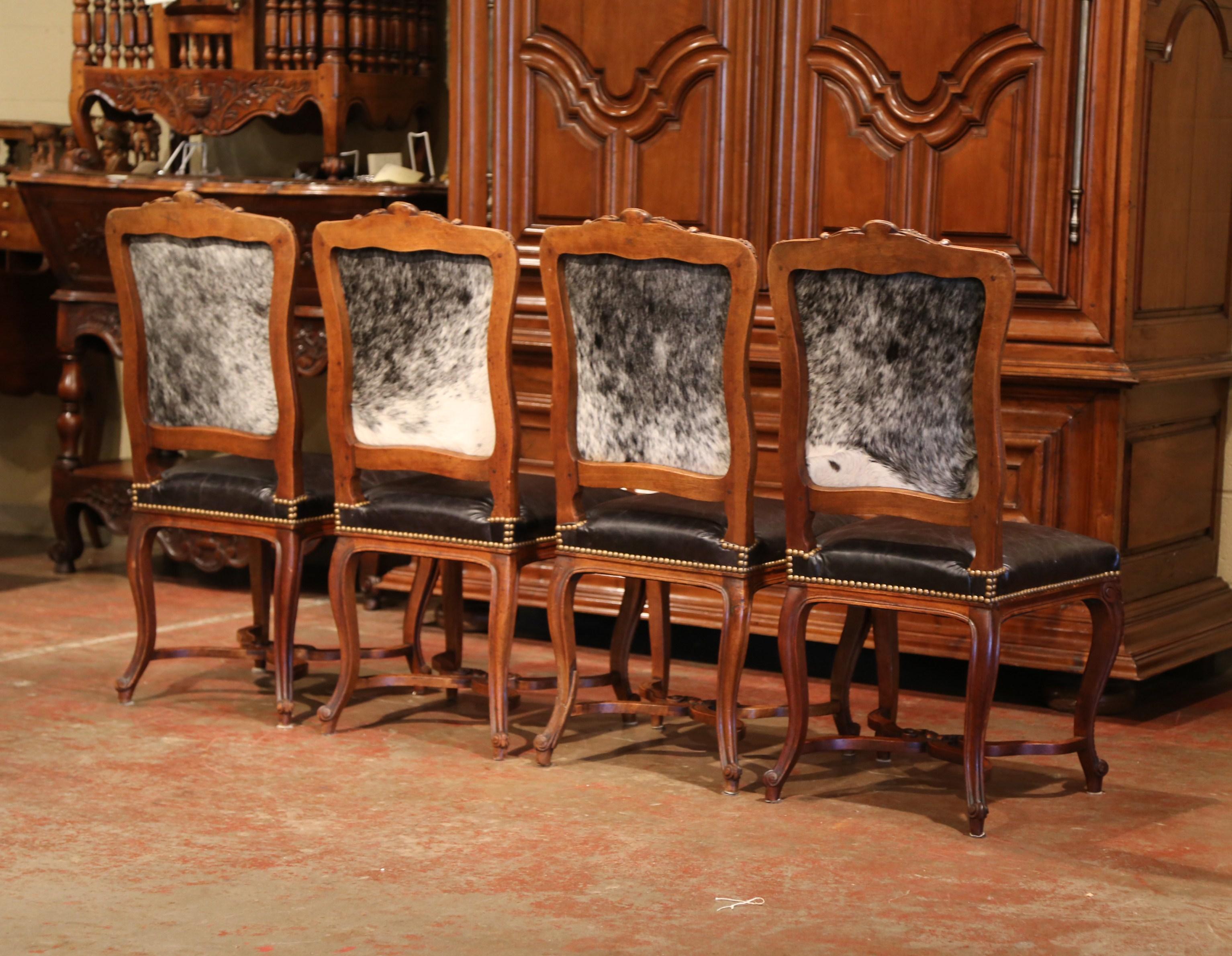 19th Century French Louis XV Carved Walnut Chairs with Leather, Set of Four 7