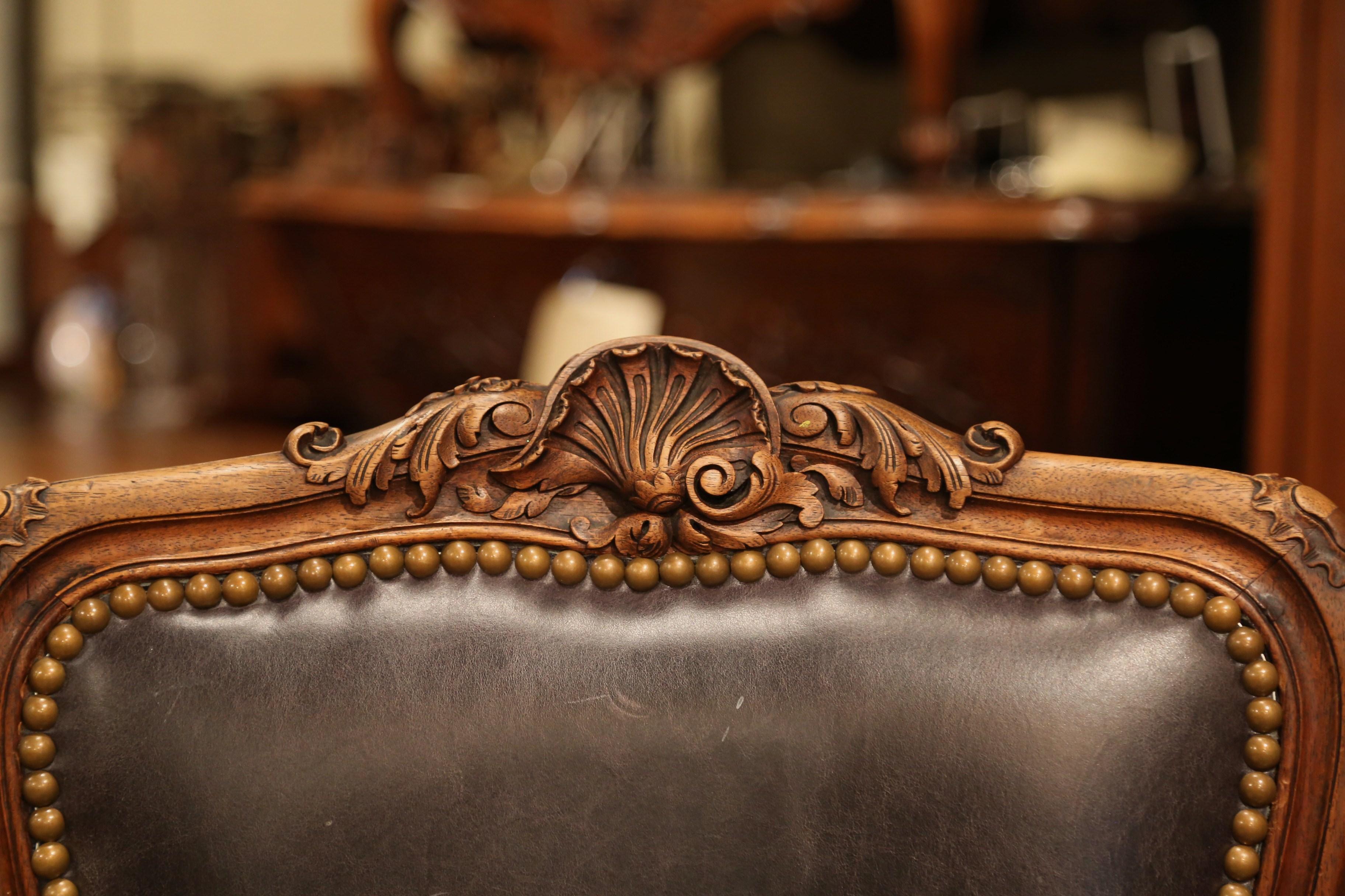 19th Century French Louis XV Carved Walnut Chairs with Leather, Set of Four 9