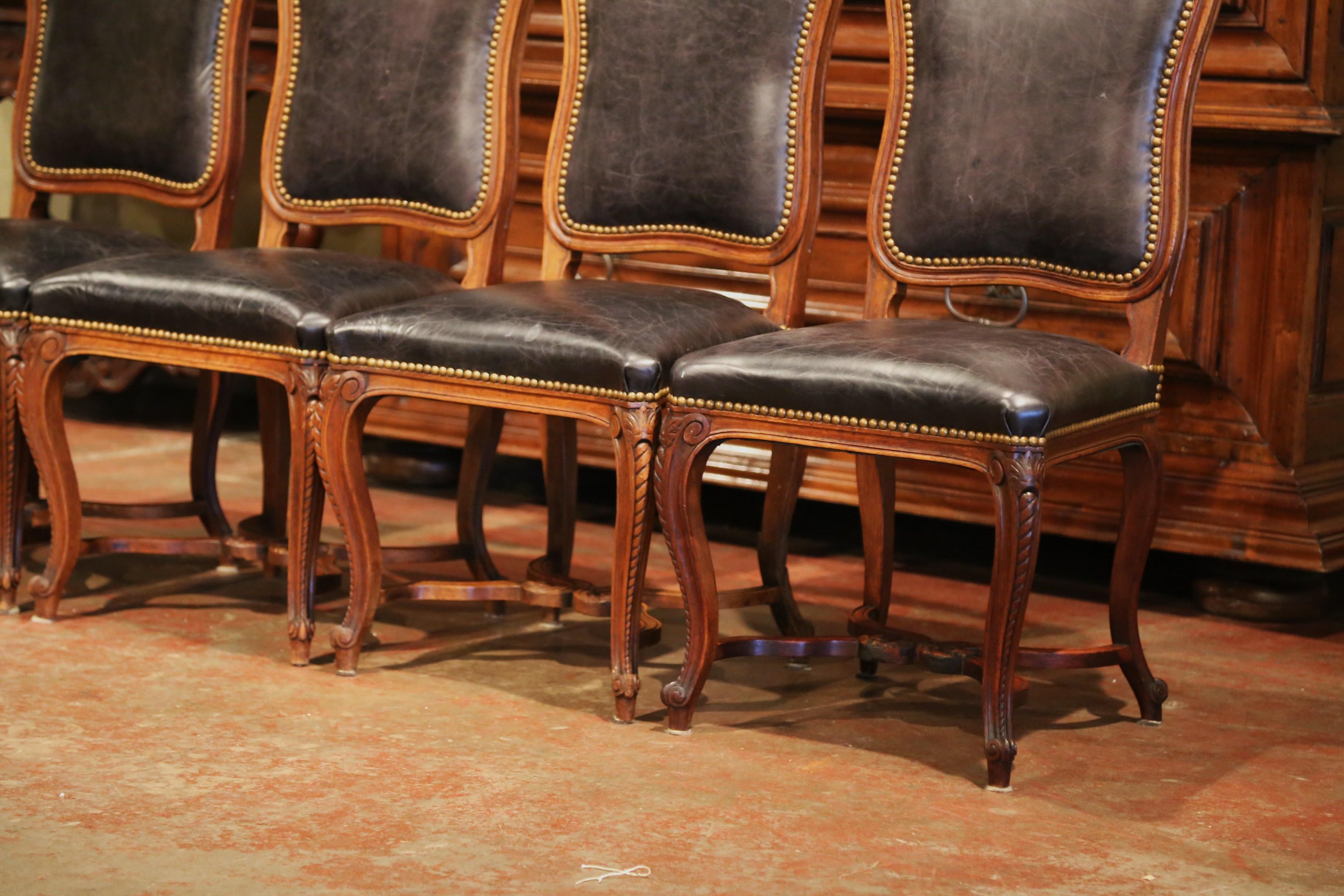Hand-Carved 19th Century French Louis XV Carved Walnut Chairs with Leather, Set of Four