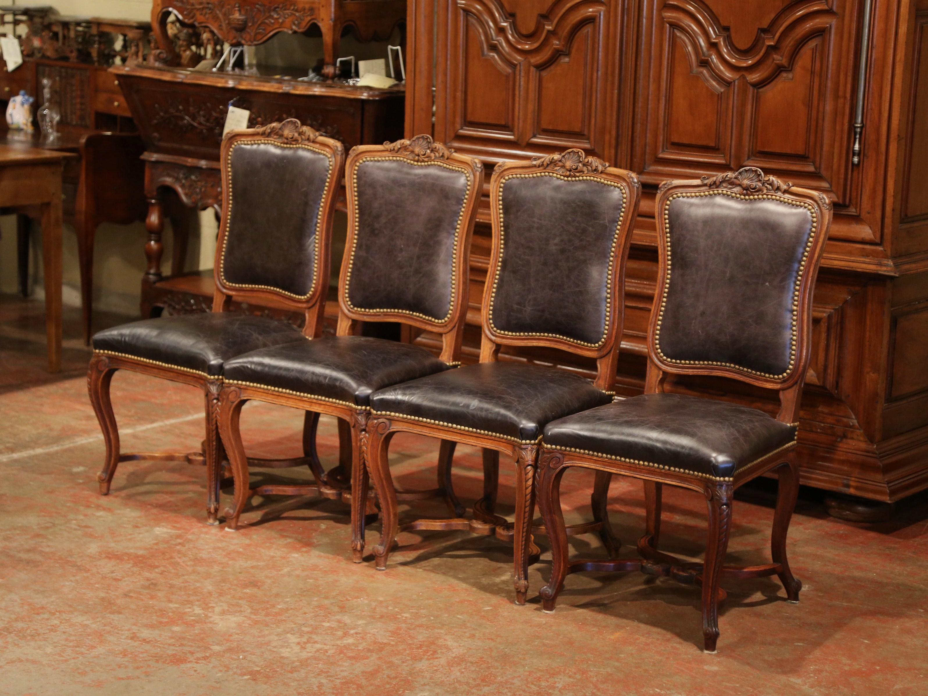 19th Century French Louis XV Carved Walnut Chairs with Leather, Set of Four 1