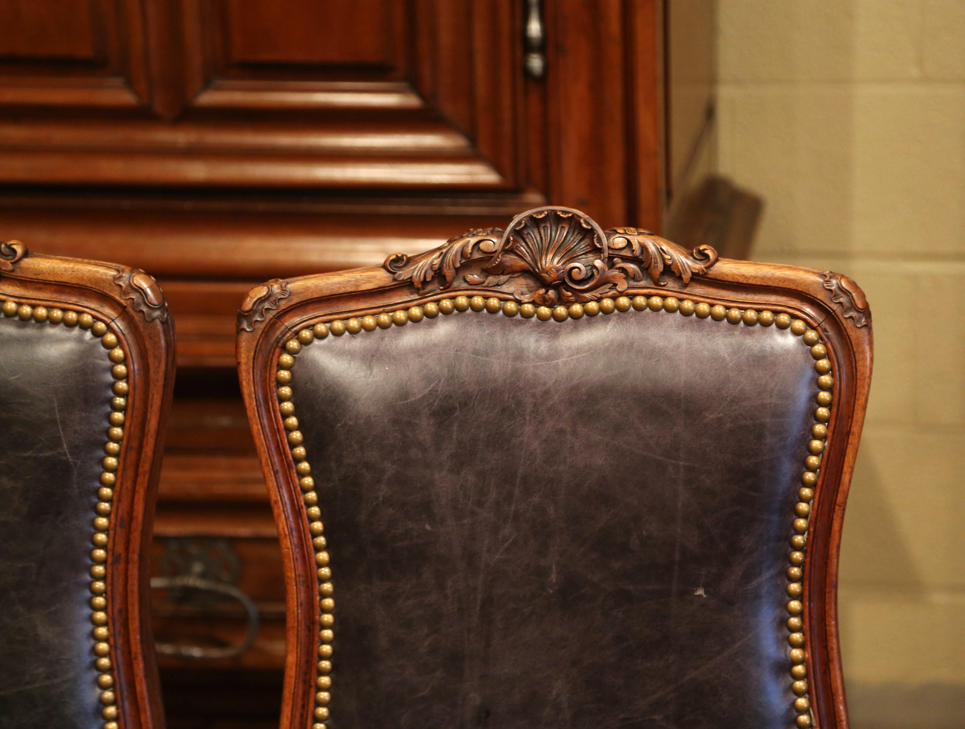 19th Century French Louis XV Carved Walnut Chairs with Leather, Set of Four 2