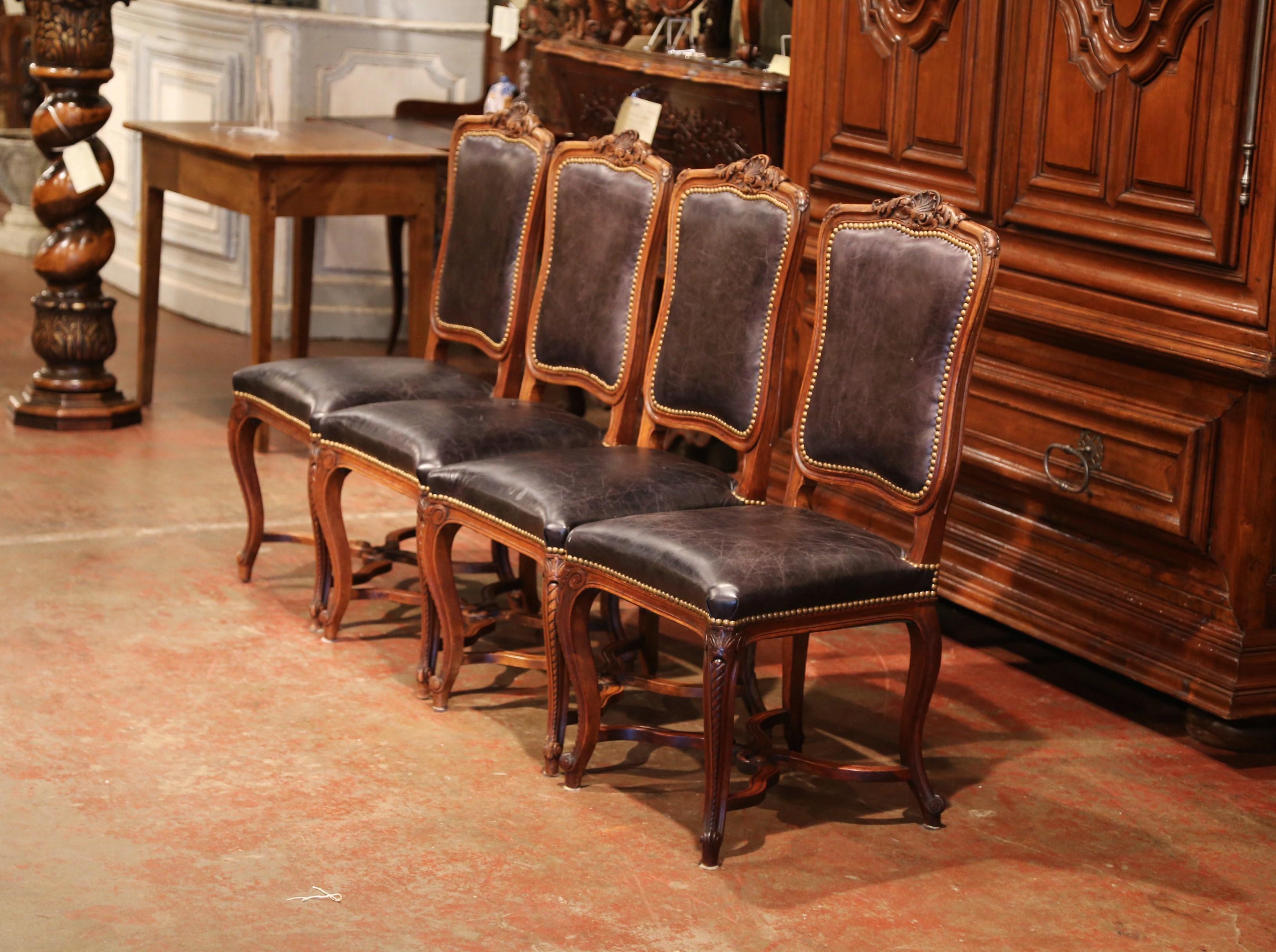 19th Century French Louis XV Carved Walnut Chairs with Leather, Set of Four 3