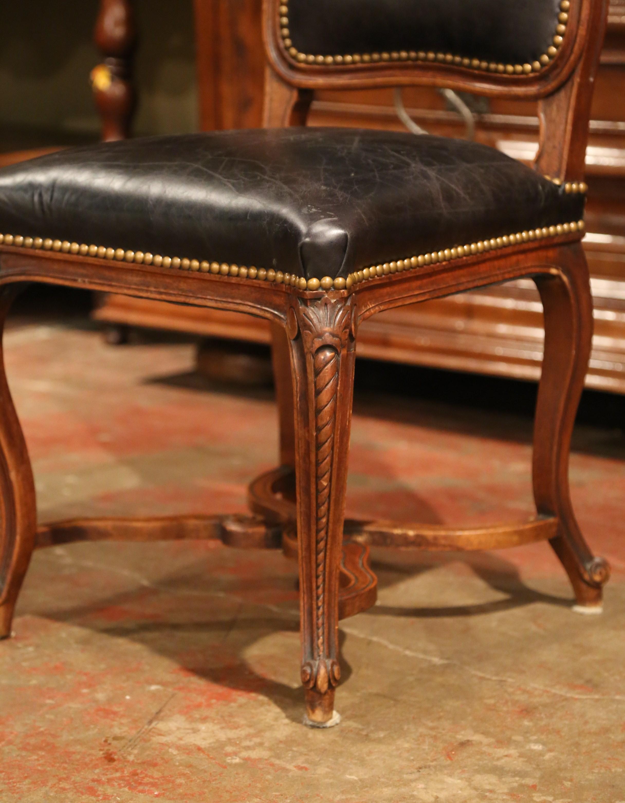 19th Century French Louis XV Carved Walnut Chairs with Leather, Set of Four 4