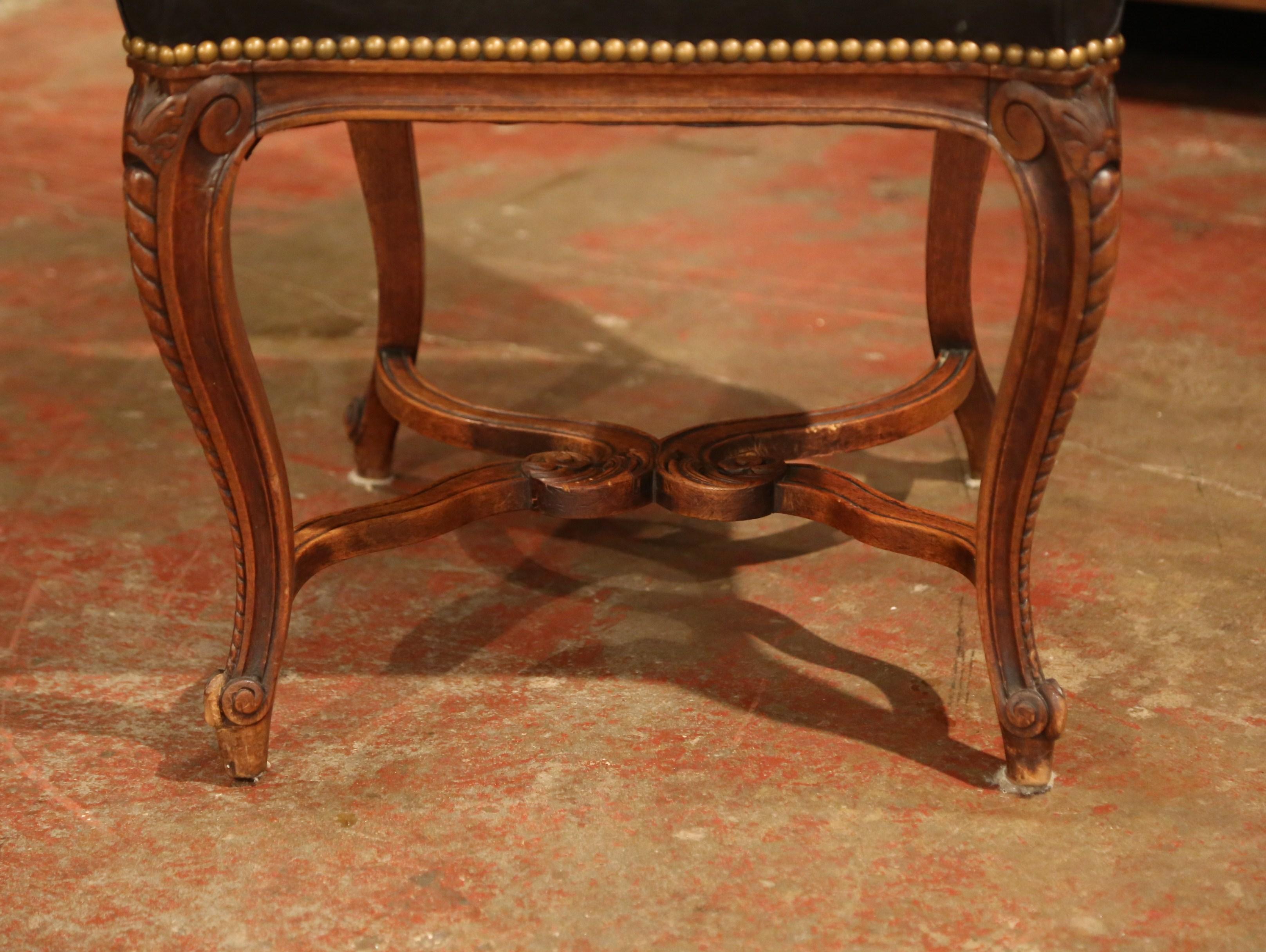 19th Century French Louis XV Carved Walnut Chairs with Leather, Set of Four 5
