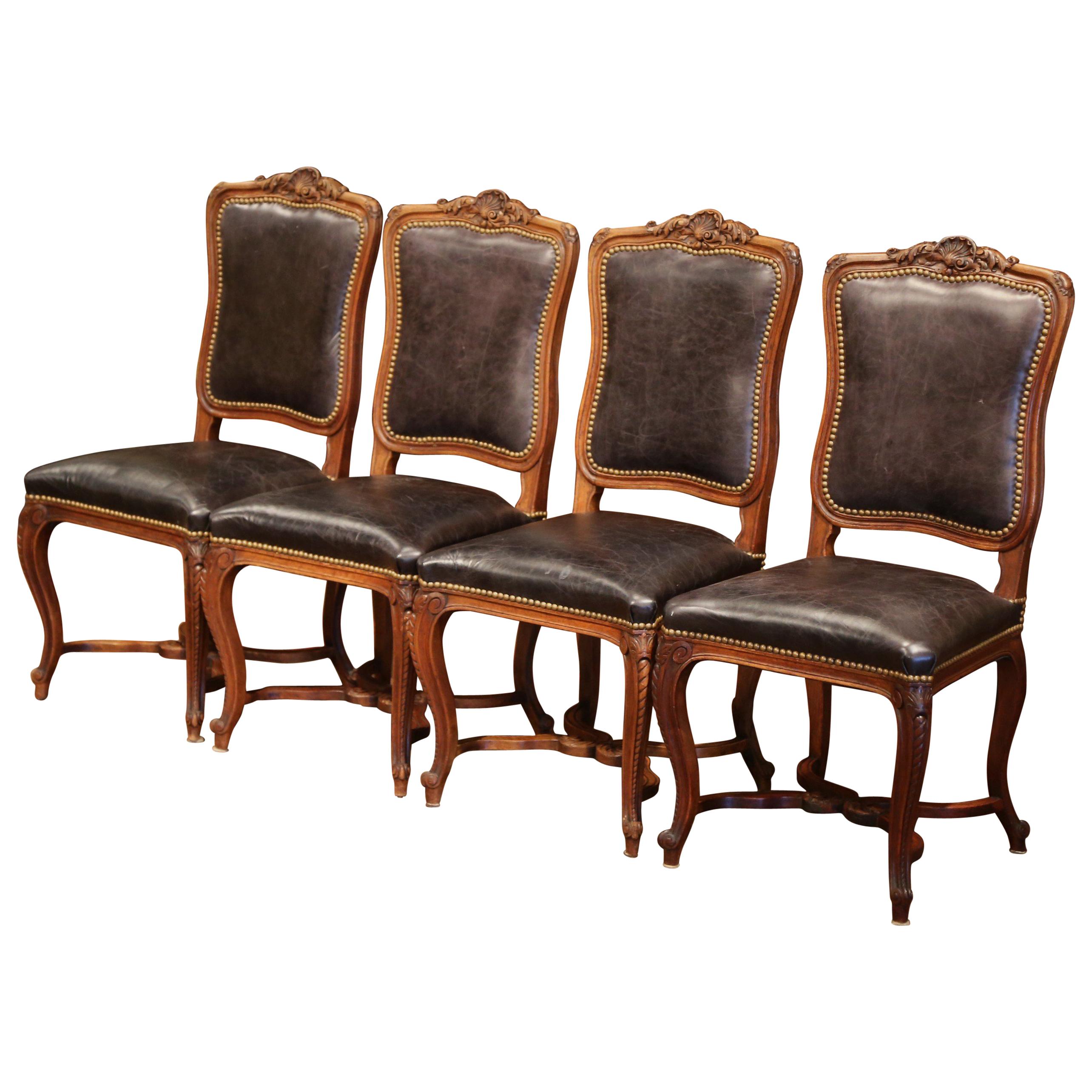 19th Century French Louis XV Carved Walnut Chairs with Leather, Set of Four