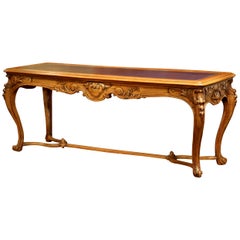 19th Century French Louis XV Carved Walnut Console Table Desk with Leather Top