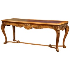 19th Century French Louis XV Carved Walnut Console Table Desk with Leather Top