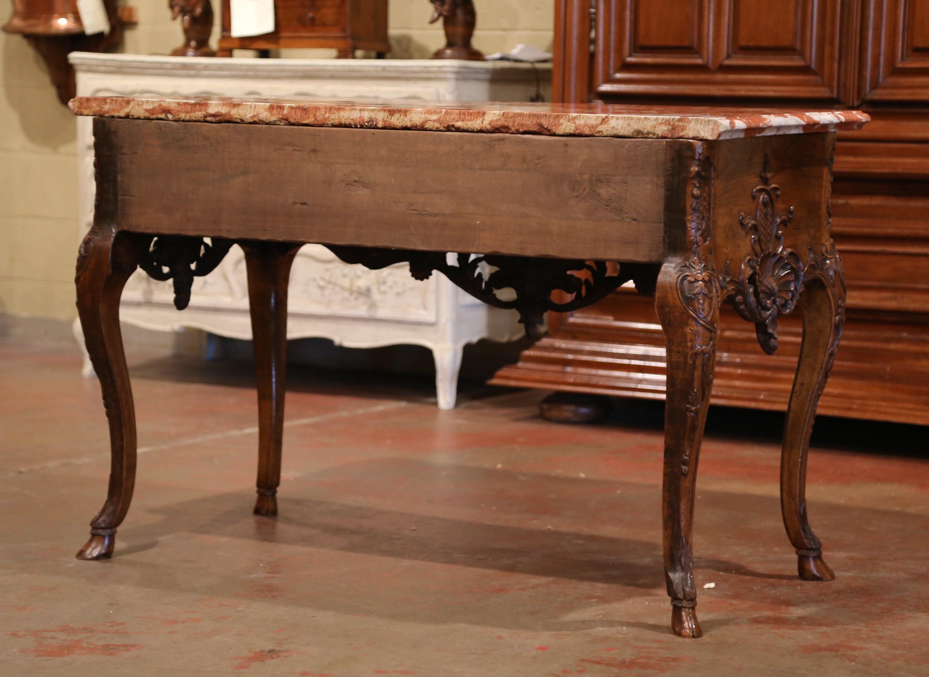 19th Century French Louis XV Carved Walnut Console Table with Rouge Marble Top 6