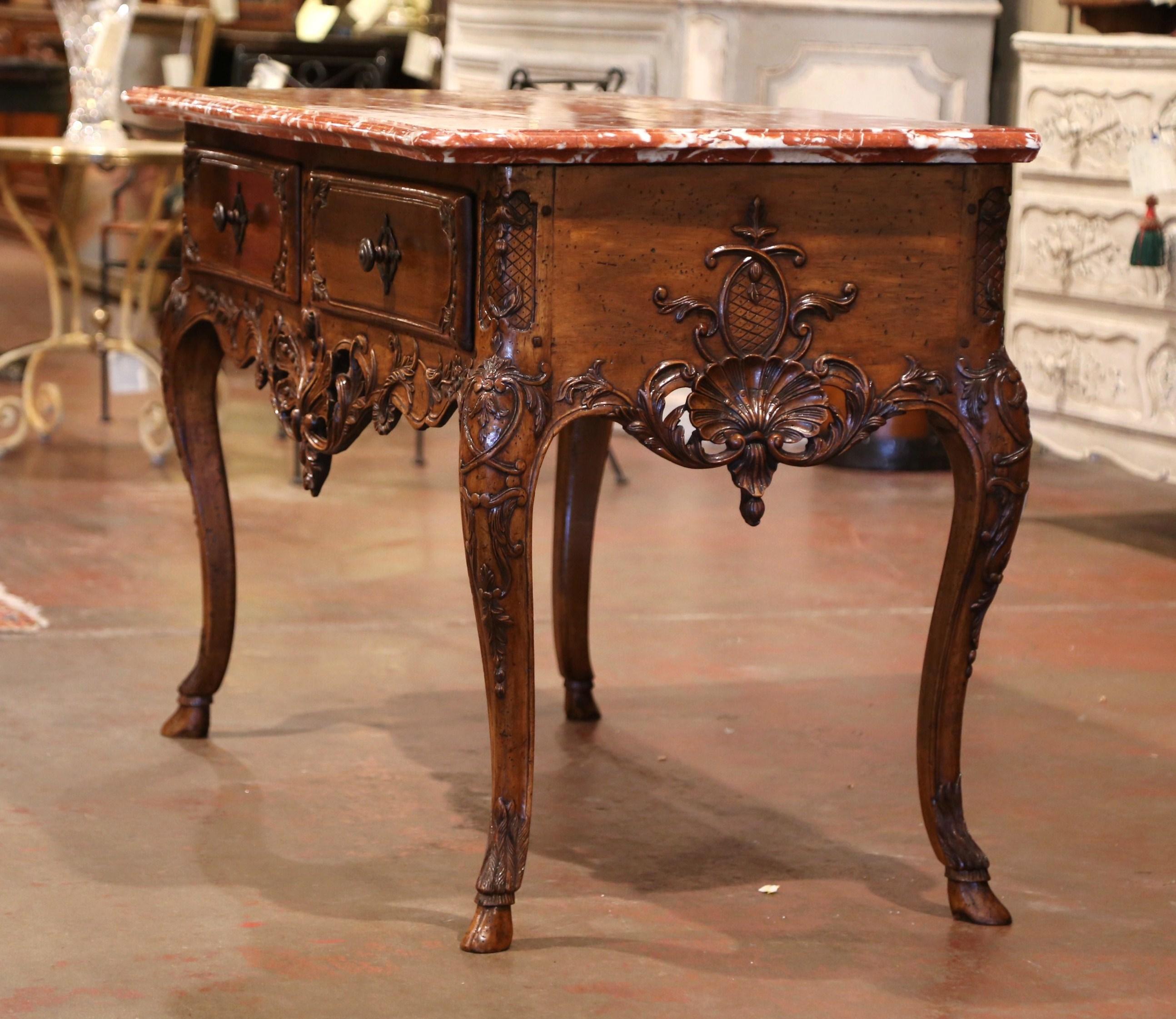 Hand-Carved 19th Century French Louis XV Carved Walnut Console Table with Rouge Marble Top