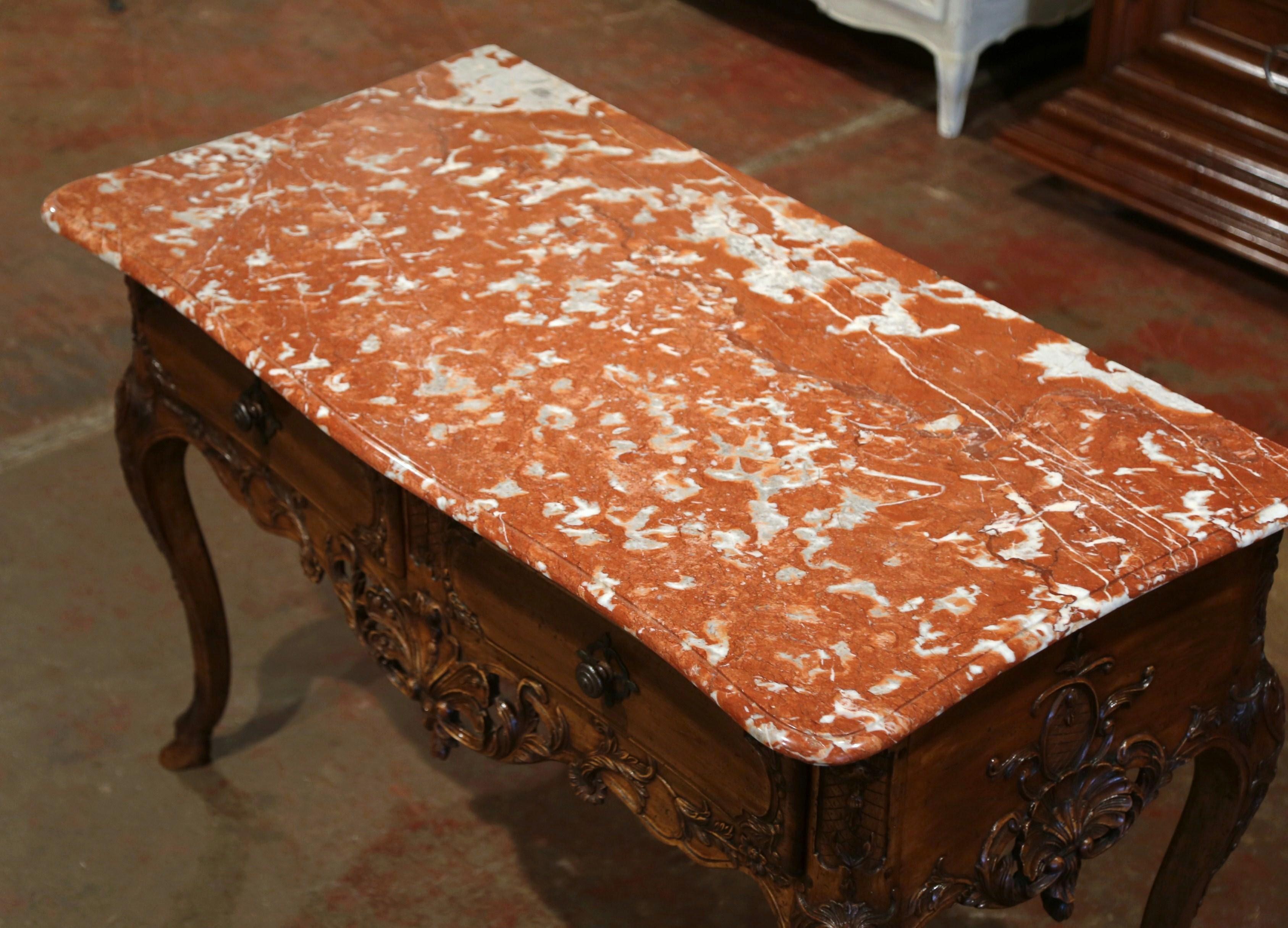 19th Century French Louis XV Carved Walnut Console Table with Rouge Marble Top In Excellent Condition In Dallas, TX