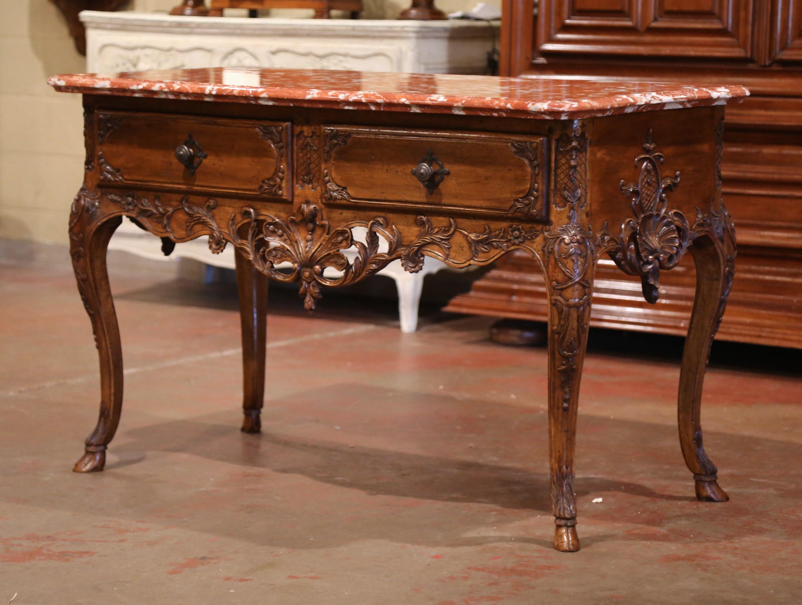 19th Century French Louis XV Carved Walnut Console Table with Rouge Marble Top 1