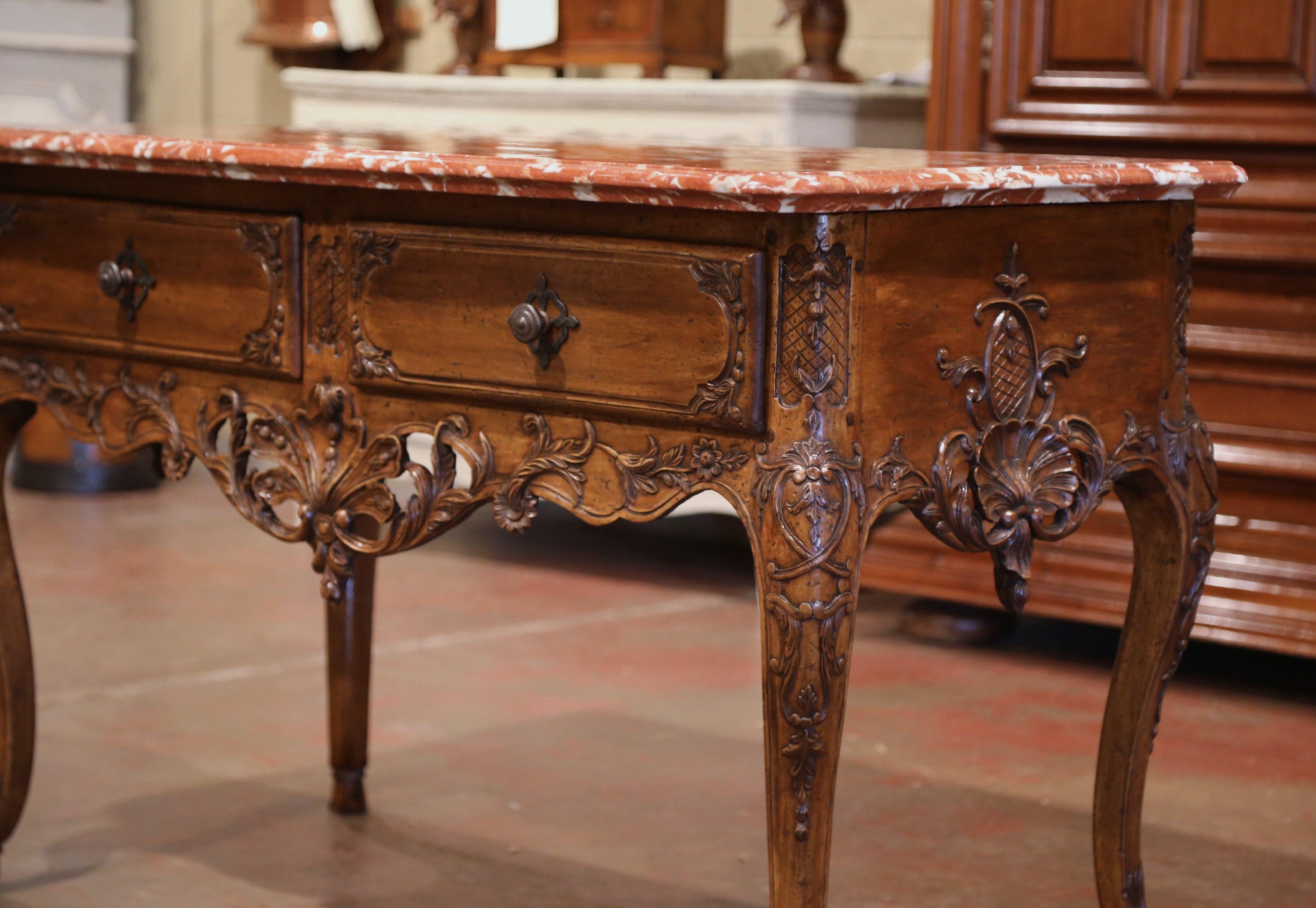19th Century French Louis XV Carved Walnut Console Table with Rouge Marble Top 2