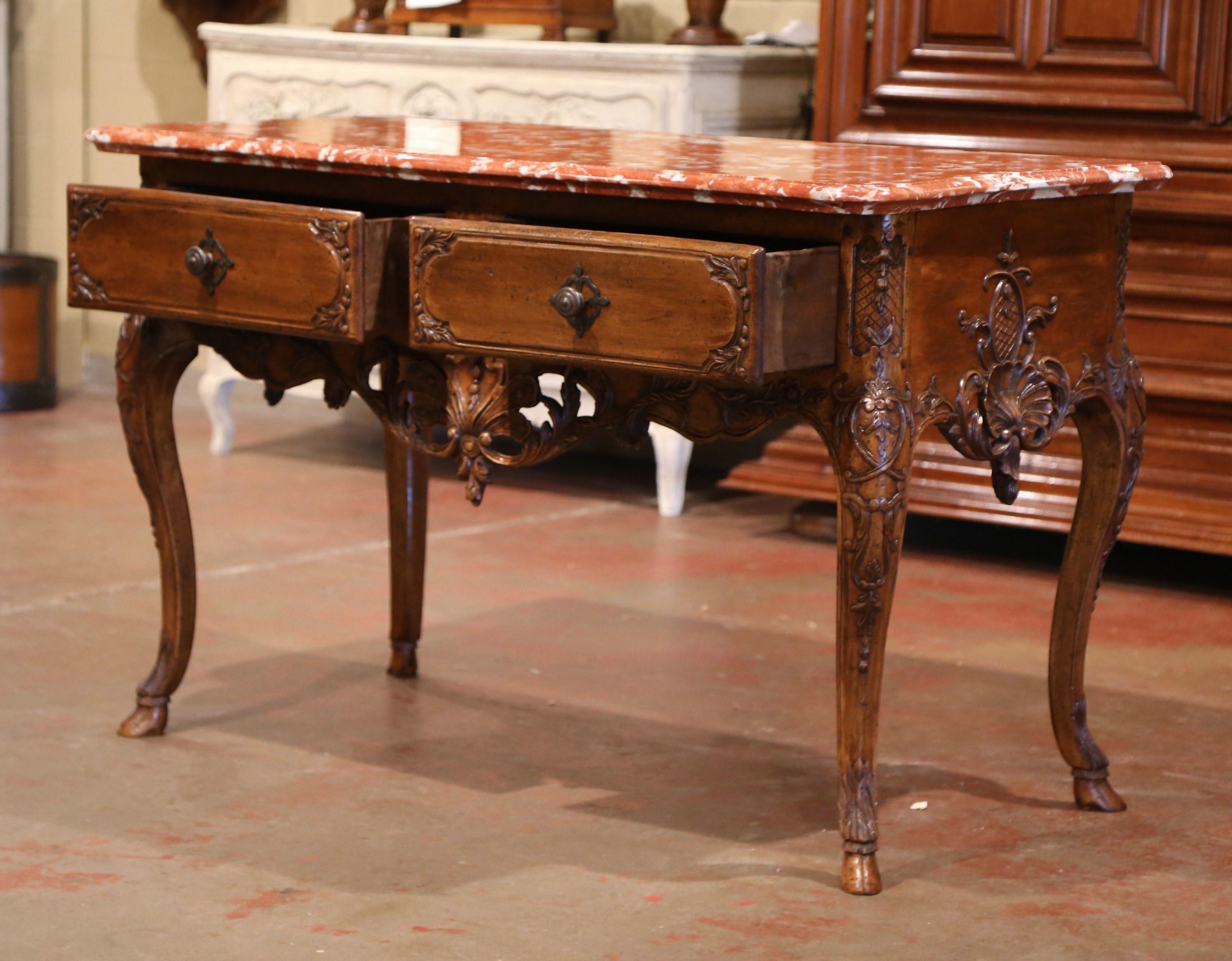 19th Century French Louis XV Carved Walnut Console Table with Rouge Marble Top 3