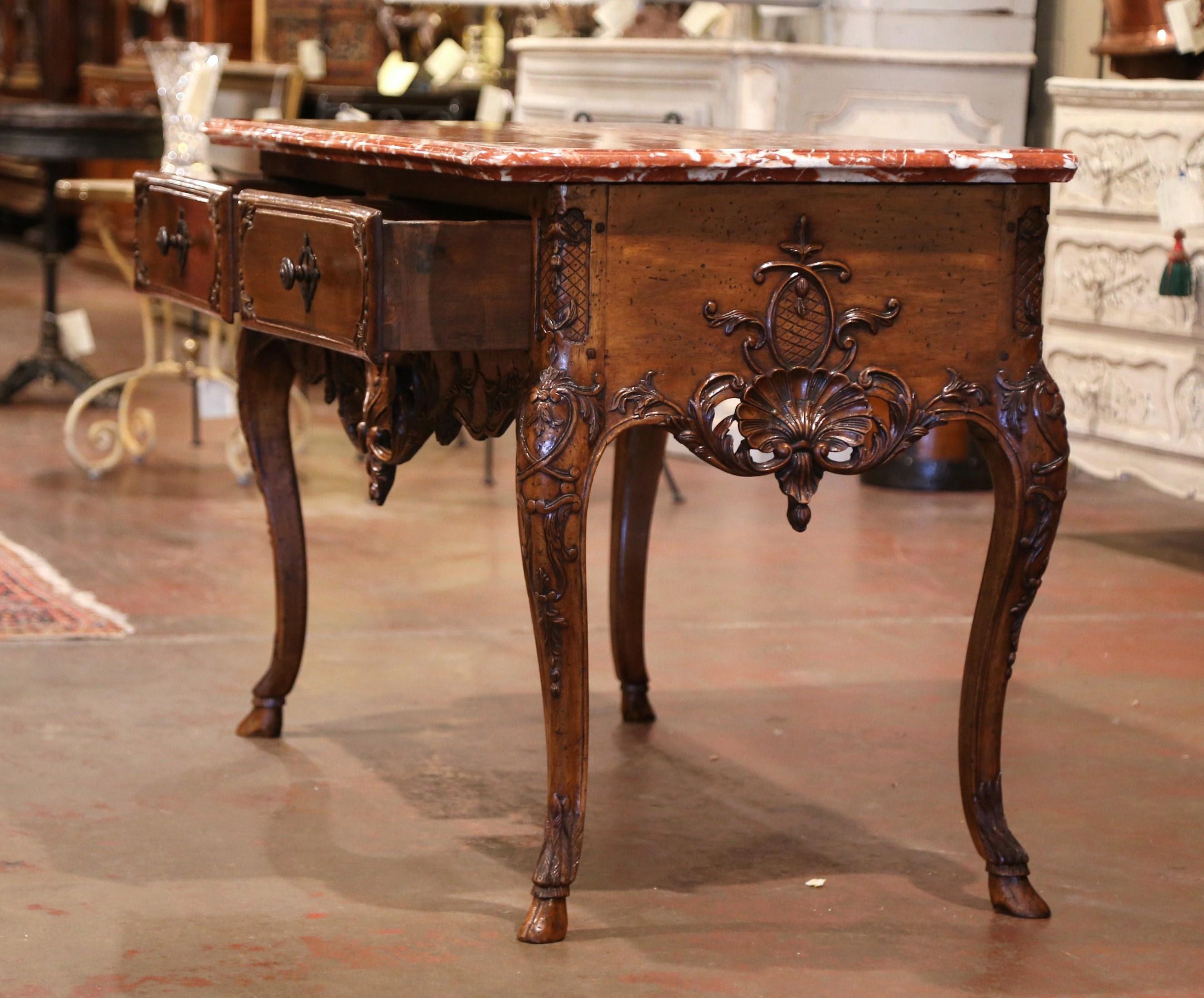 19th Century French Louis XV Carved Walnut Console Table with Rouge Marble Top 4