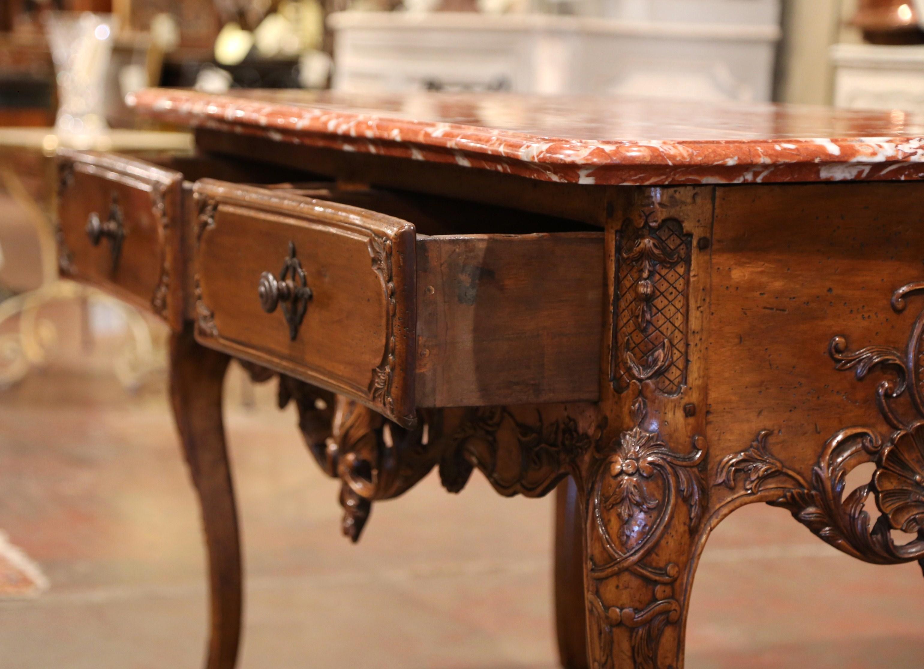 19th Century French Louis XV Carved Walnut Console Table with Rouge Marble Top 5