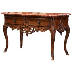 19th Century French Louis XV Carved Walnut Console Table with Rouge Marble Top