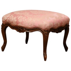 19th Century French Louis XV Carved Walnut Footstool and Pink Floral Silk Fabric