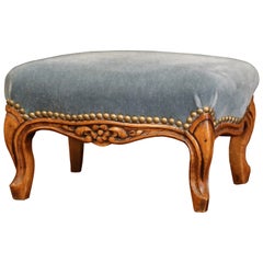 19th Century French Louis XV Carved Walnut Footstool with Blue Velvet