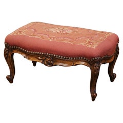 Antique 19th Century French Louis XV Carved Walnut Footstool with Needlepoint Tapestry