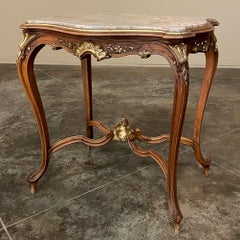 19th Century French Louis XV Carved Walnut Marble Top End Table