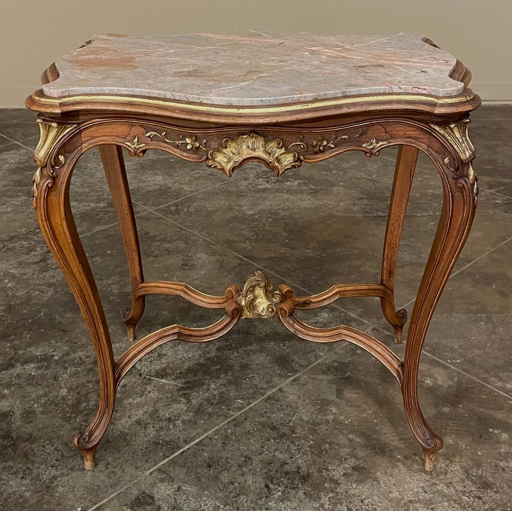 Hand-Carved 19th Century French Louis XV Carved Walnut Marble Top End Table For Sale
