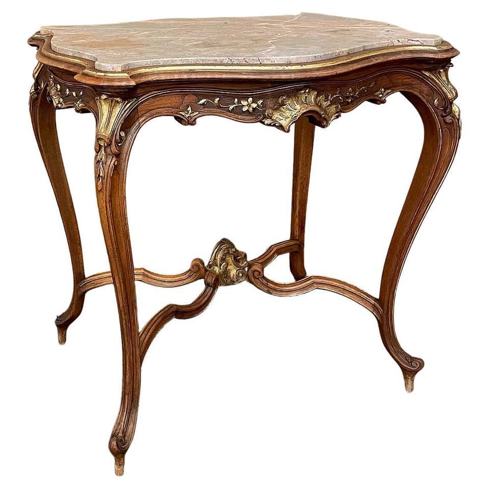 French Provincial Louis XV Style Marble-Top Shell Carved End Tables ...