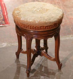 19th Century French Louis XV Carved Walnut & Needlepoint Adjustable Piano Stool