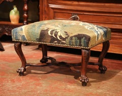 19th Century French Louis XV Carved Walnut Stool and Verdure Aubusson Tapestry