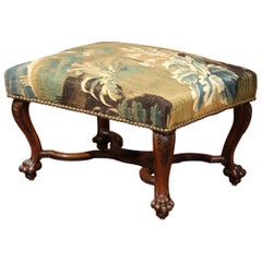 19th Century French Louis XV Carved Walnut Stool and Verdure Aubusson Tapestry