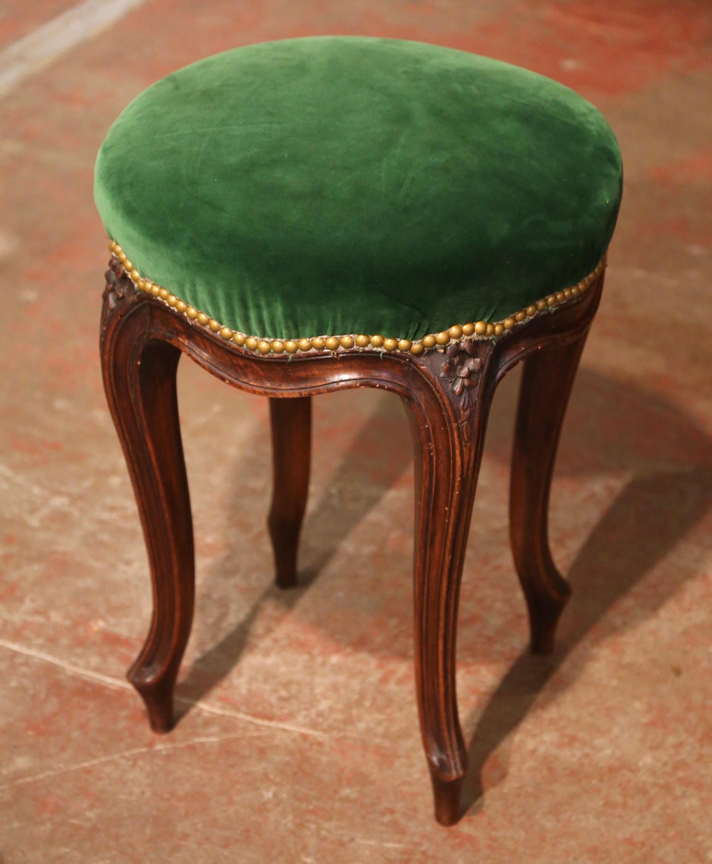 Hand-Carved 19th Century French Louis XV Carved Walnut Stool with Green Velvet For Sale