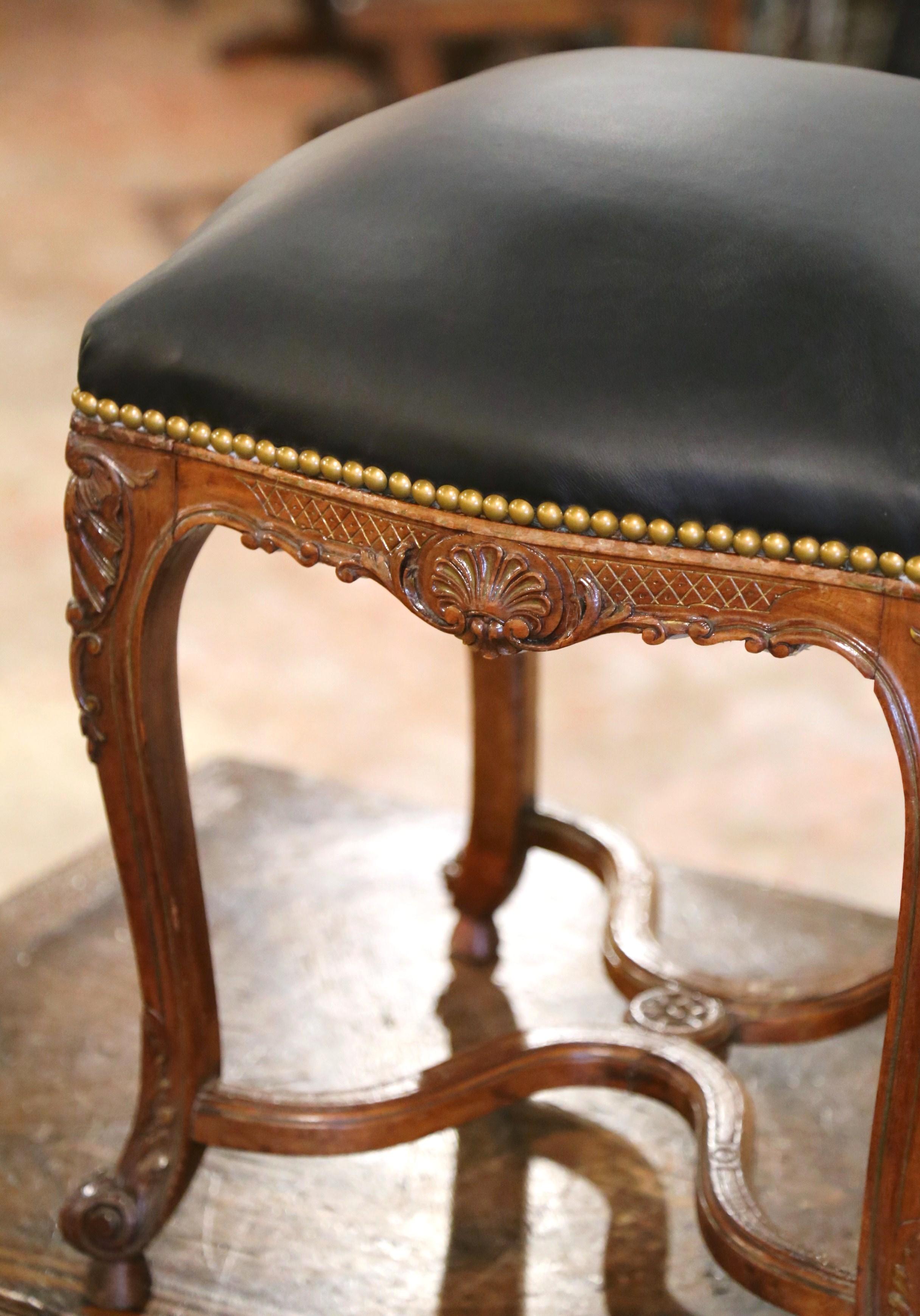Hand-Carved 19th Century French Louis XV Carved Walnut Stool with Leather from Provence