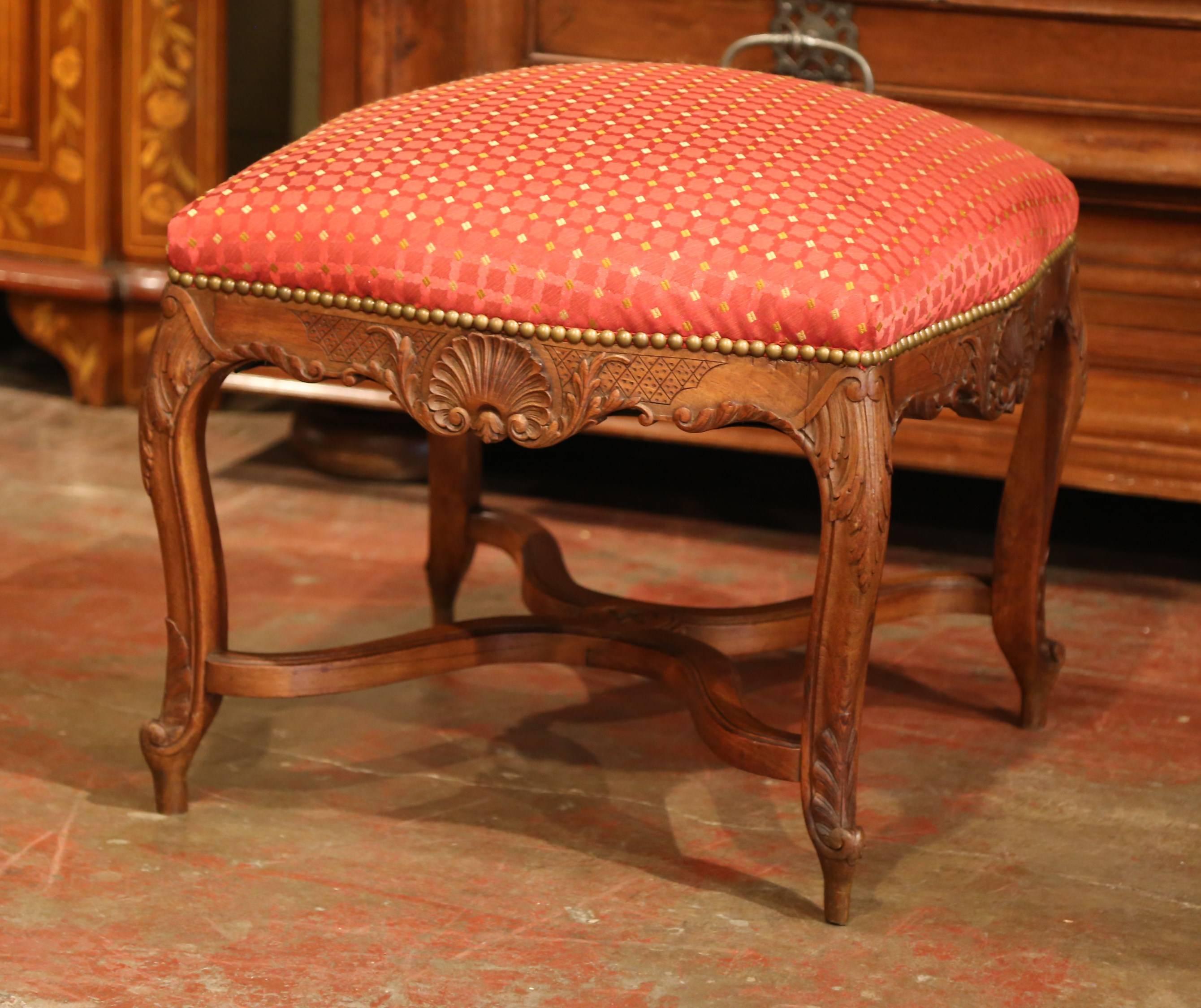 Hand-Carved 19th Century French Louis XV Carved Walnut Stool with Stretcher from Provence