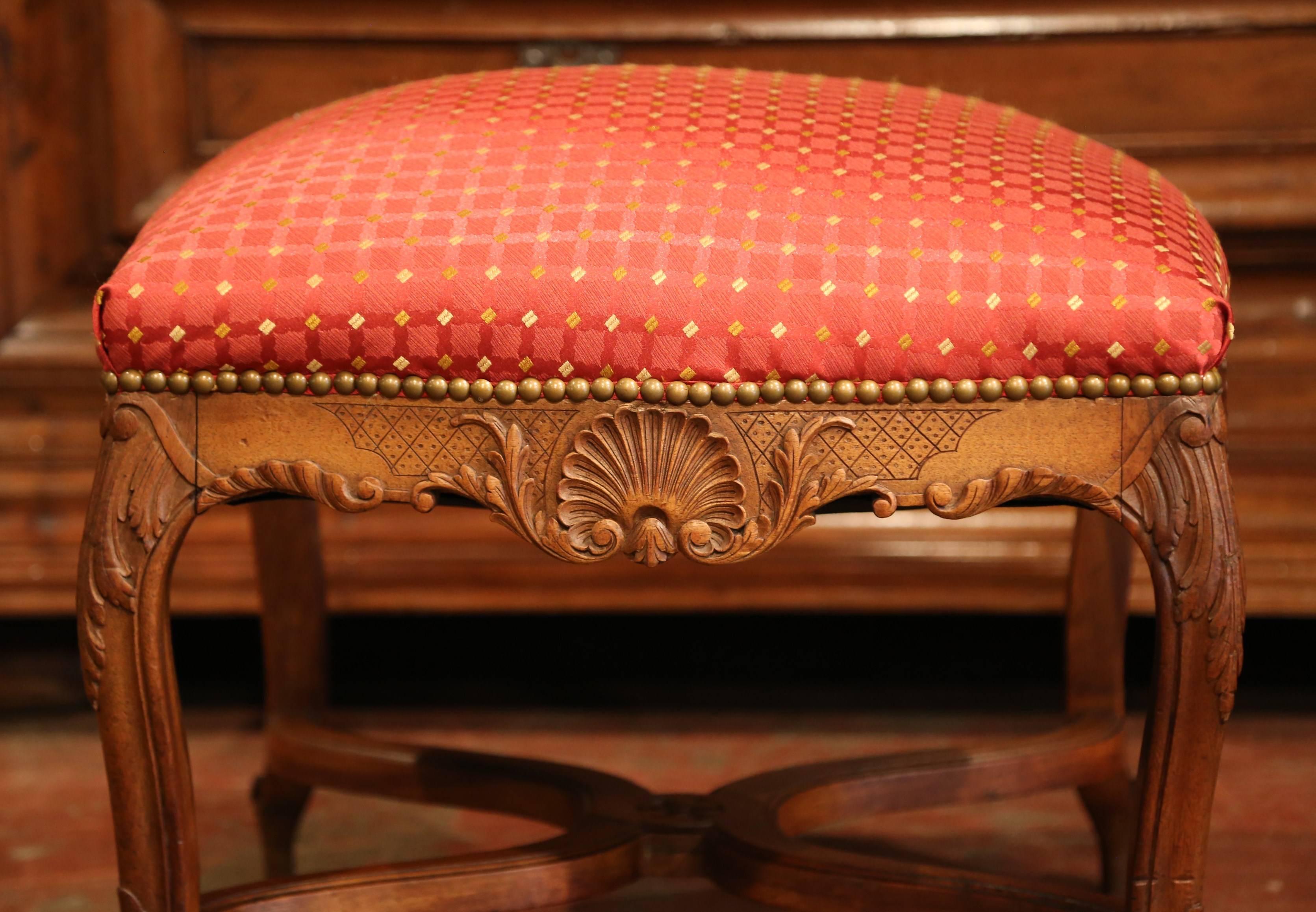 Silk 19th Century French Louis XV Carved Walnut Stool with Stretcher from Provence