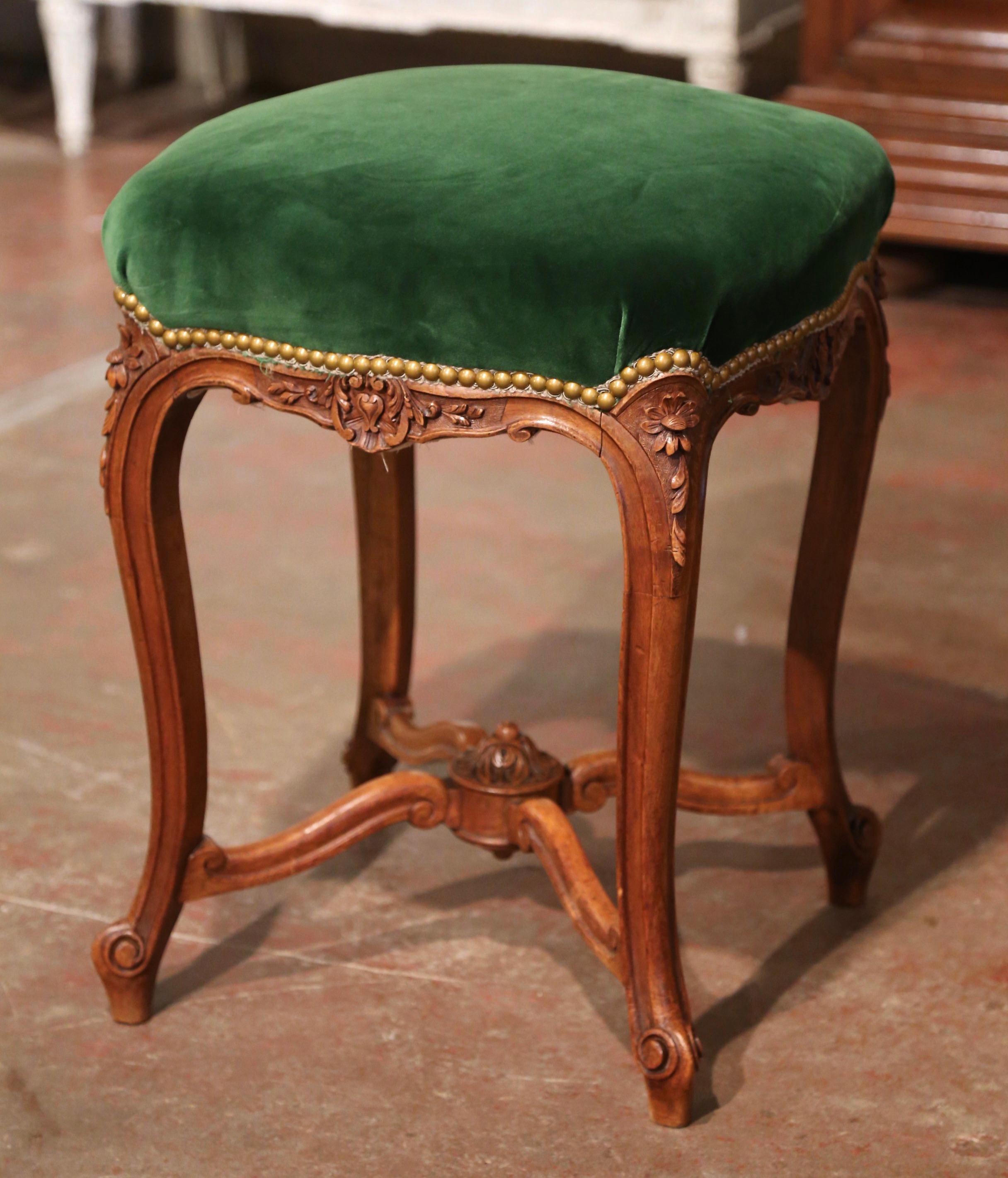 Hand-Carved 19th Century French Louis XV Carved Walnut Stool with Velvet from Provence For Sale