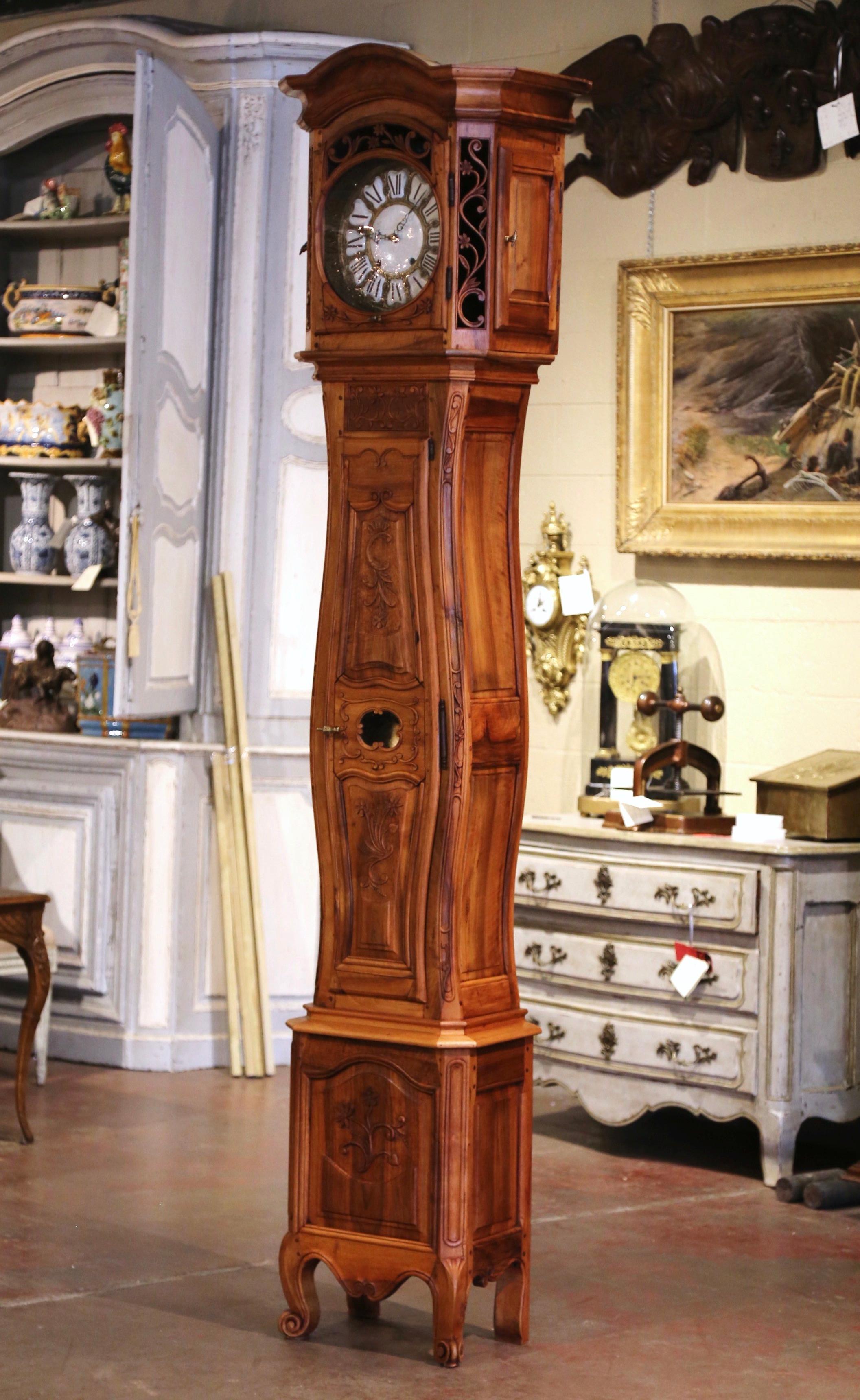 19th Century French Louis XV Carved Walnut Tall Case Clock from Provence In Excellent Condition In Dallas, TX