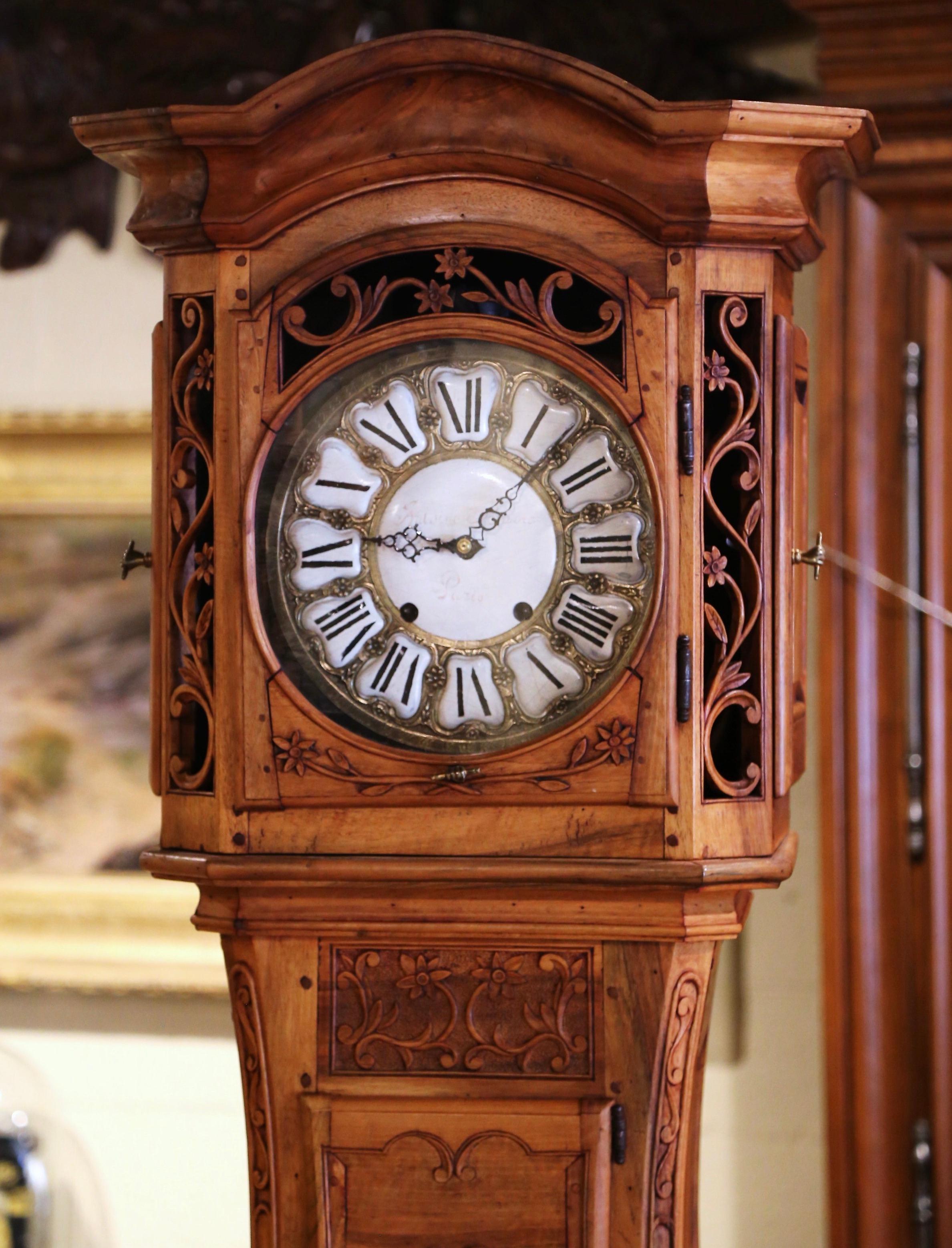 Brass 19th Century French Louis XV Carved Walnut Tall Case Clock from Provence