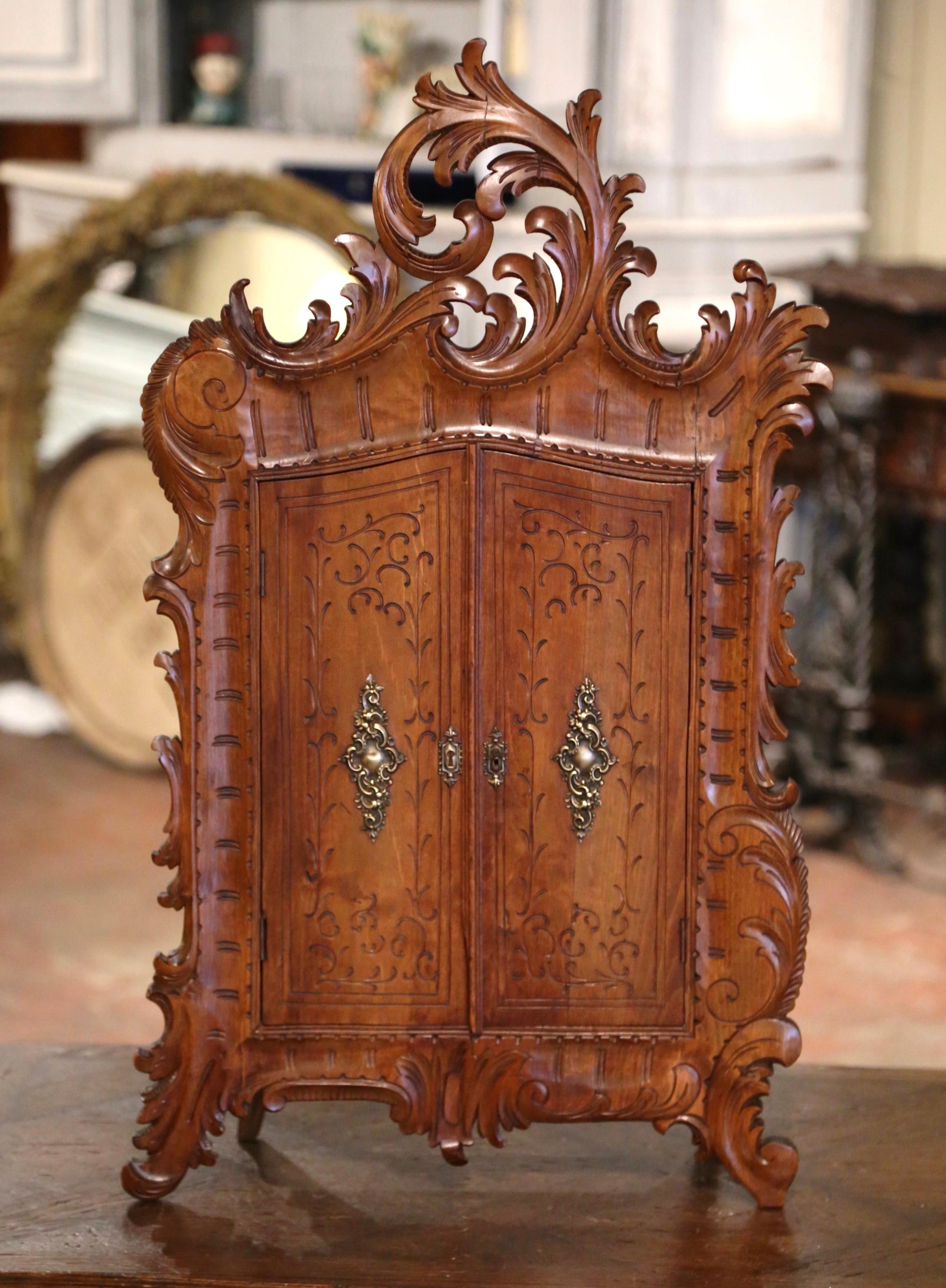 19th Century French Louis XV Carved Walnut Two-Door Wall Vitrine Cabinet  1