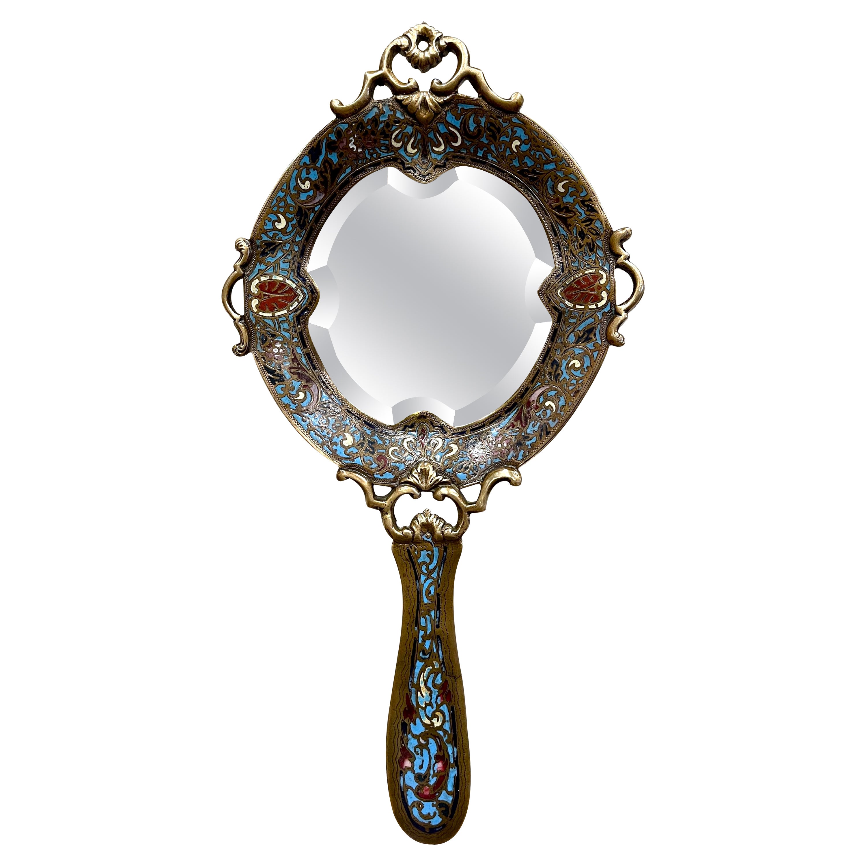 19th Century French Louis XV Champlevé Enamel and Brass Hand Mirror